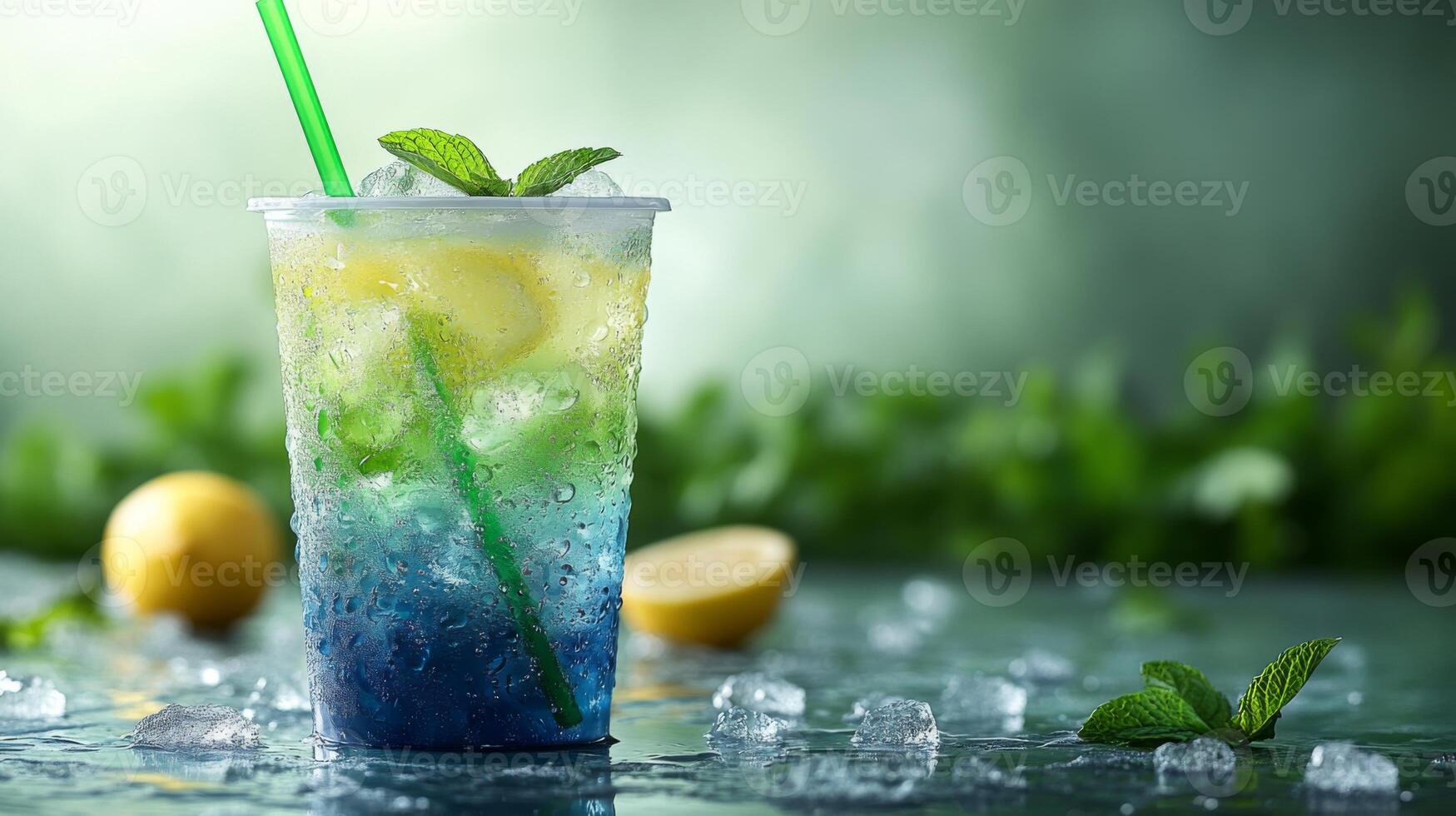 A colorful drink sits on a surface covered in ice and lemon slices. The vibrant blue beverage is garnished with mint leaves, creating a refreshing look in a green garden setting. photo