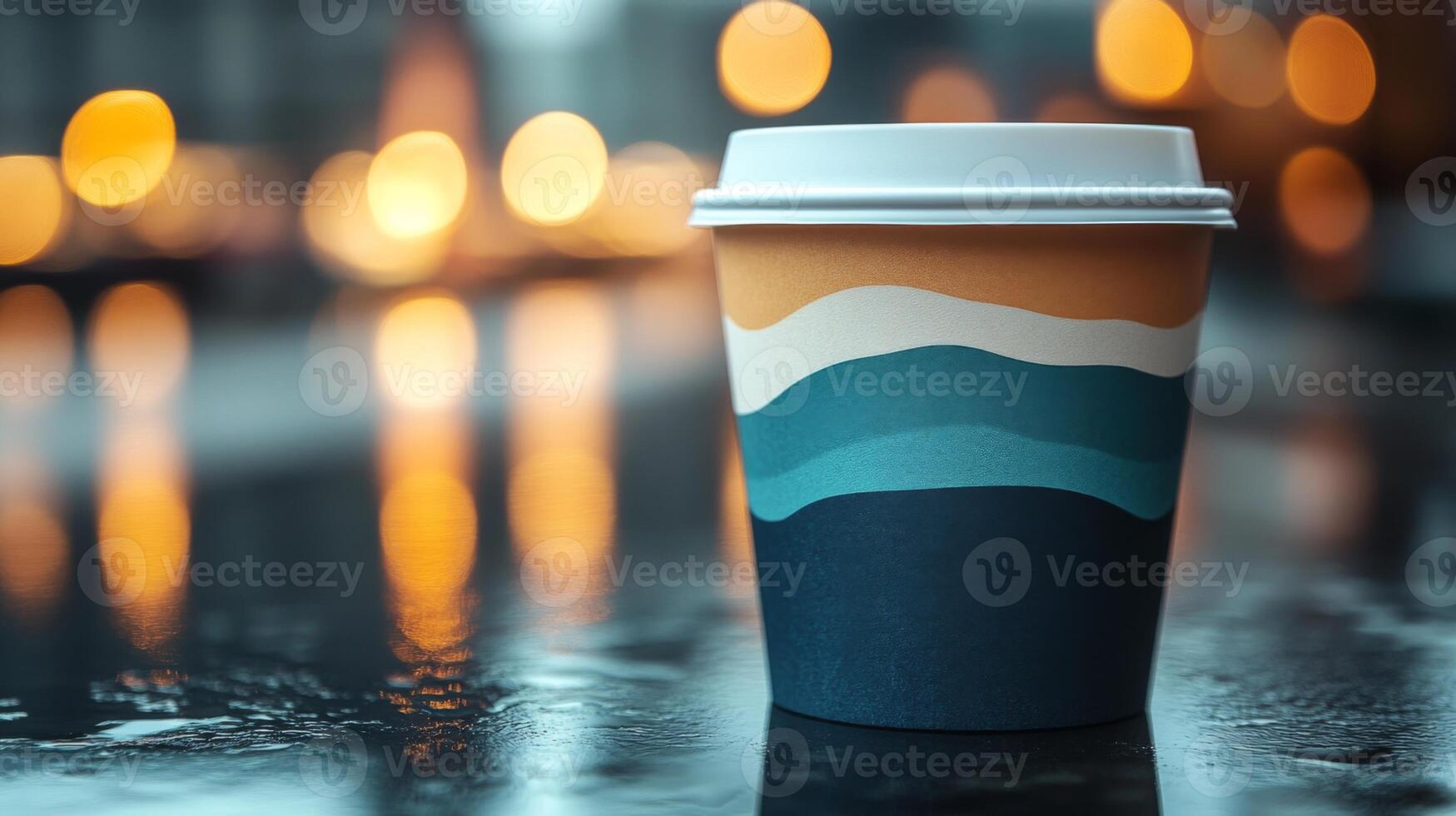 A warm cup of coffee sits on a reflective wet surface, surrounded by softly glowing city lights. The setting is tranquil, marking an evening ambiance. photo