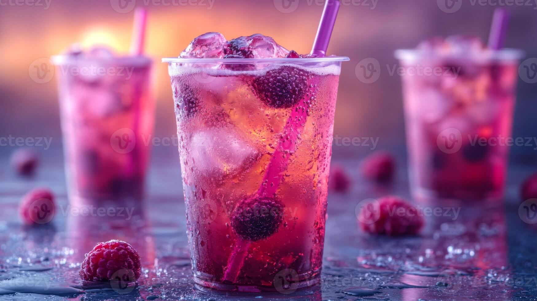 Three transparent cups filled with refreshing raspberry beverages sit on a table. Ice cubes and raspberries float atop the drinks, while colorful straws add a playful touch. photo