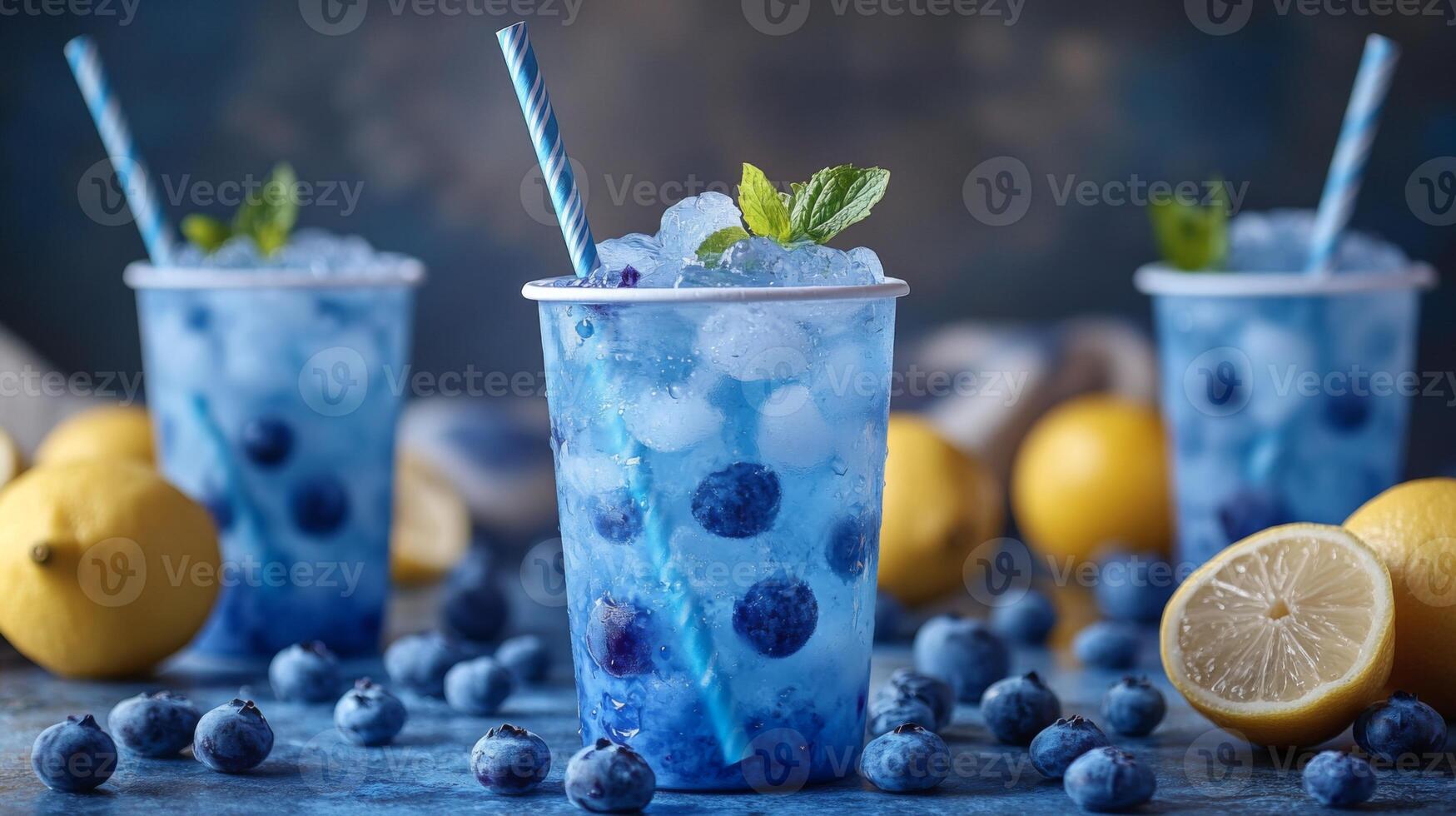 Bright blueberry lemonade drinks filled with ice and fresh blueberries are served in clear cups. Lemon slices and mint leaves add freshness to a vibrant summer atmosphere. photo