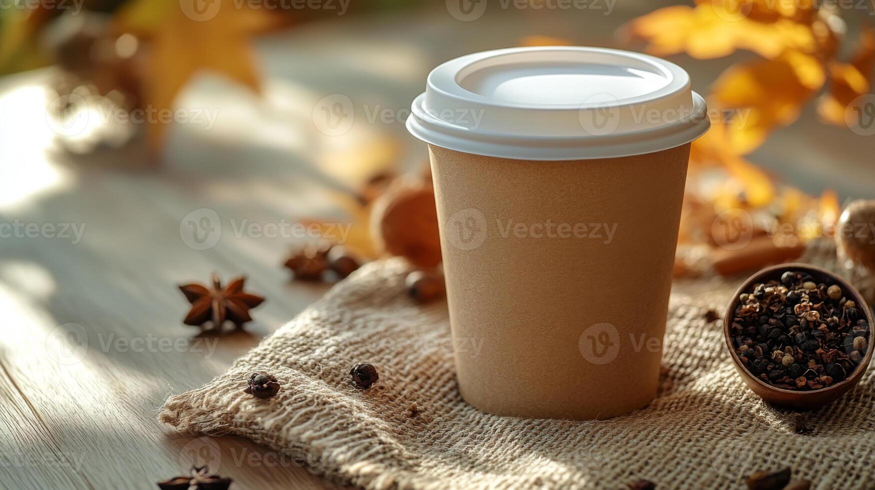 A brown disposable cup sits on a burlap cloth, surrounded by colorful autumn leaves and an assortment of spices on a wooden table, evoking a warm, cozy atmosphere. photo