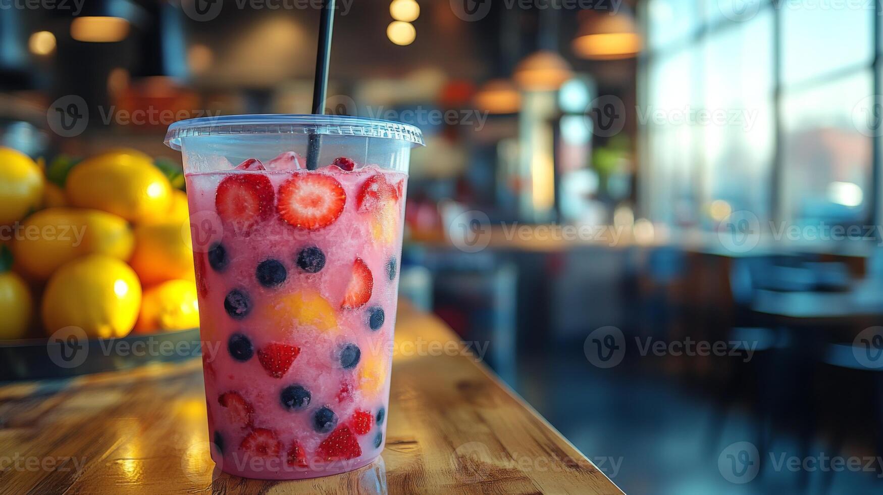 A colorful fruit drink filled with strawberries and blueberries sits on a wooden table. The cafe background is bright with a sunny atmosphere, surrounded by fresh fruit. photo