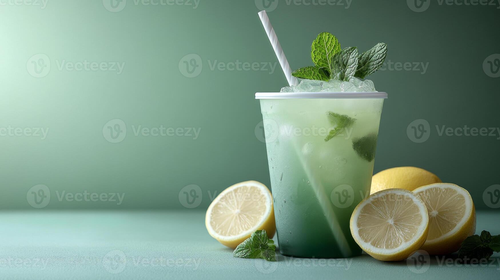 A clear cup filled with refreshing mint lemonade sits on a green surface. Slices of lemon are arranged beside the drink. The setting is bright, highlighting the drink's vibrant colors. photo