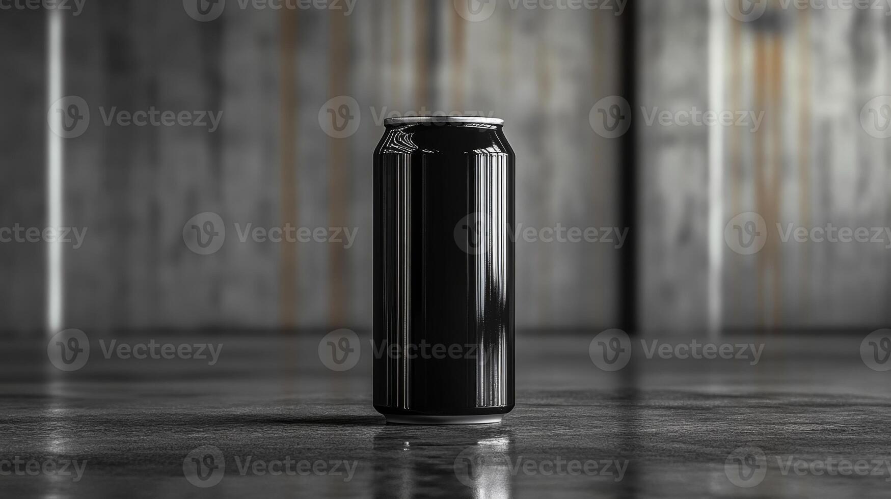 A sleek black can stands upright on a polished floor. The background features industrial elements with a textured finish, enhancing the minimalist aesthetic. The lighting adds depth to the scene. photo