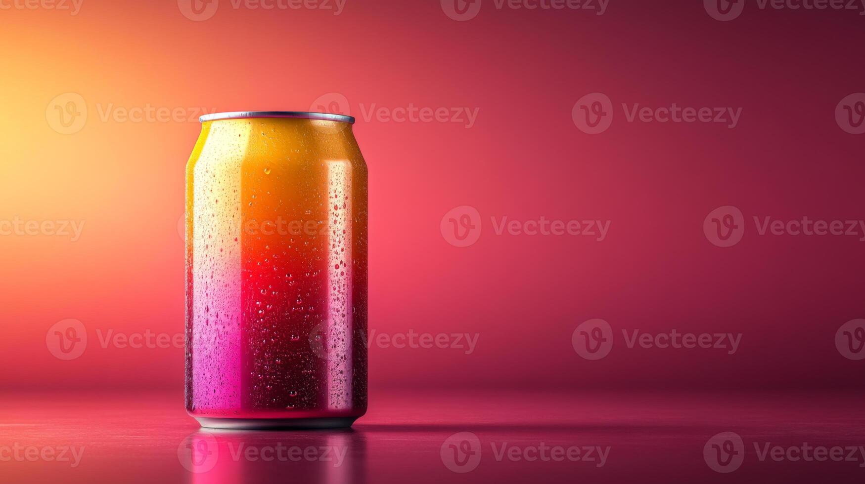 A brightly colored soda can stands on a smooth surface, glistening with condensation. Warm light creates a vivid, gradient backdrop that enhances the refreshing look of the drink. photo