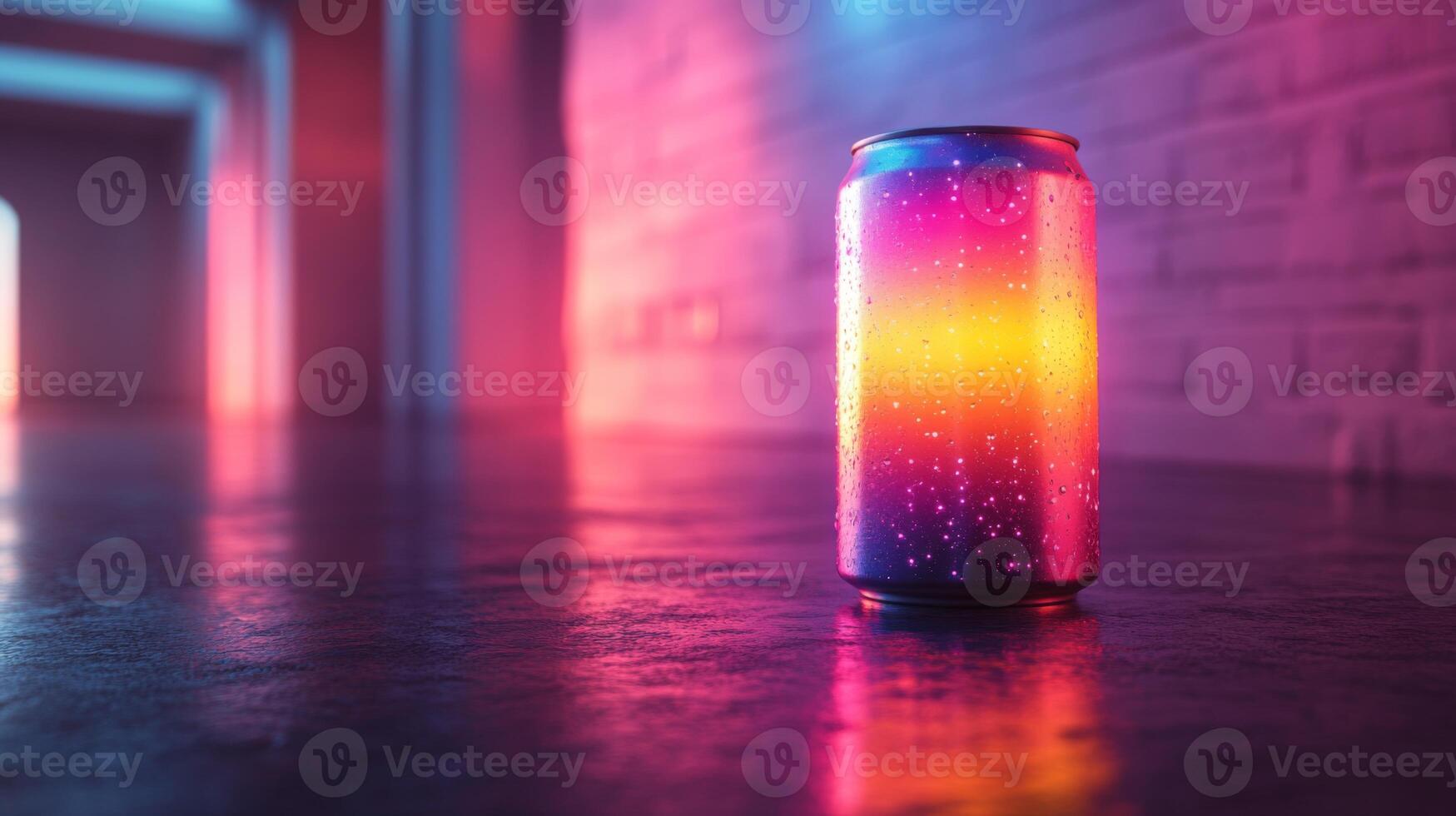A brightly colored can stands against a backdrop of glowing lights in an urban environment, showcasing droplets of water on its surface as evening descends. photo