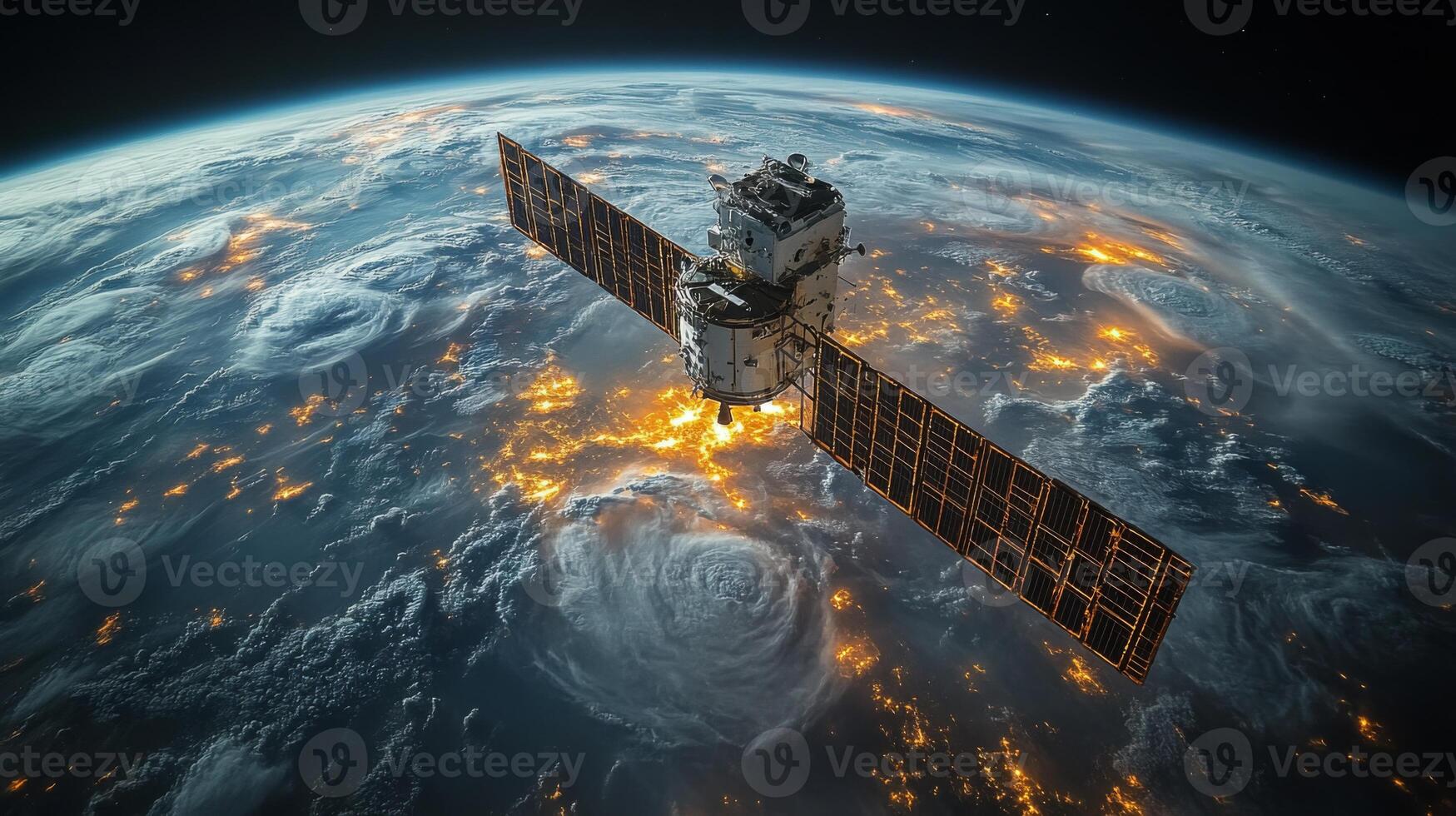 A satellite orbits Earth, transmitting telemetry data while monitoring atmospheric conditions and cosmic radiation. The vibrant lights of cities are visible below, framing the satellite. photo