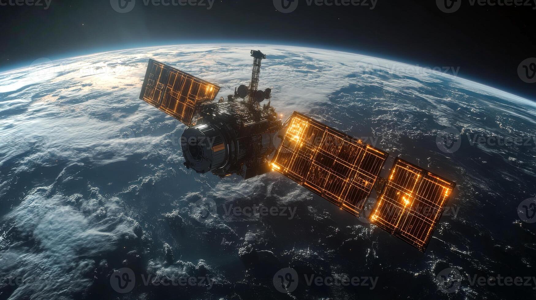A satellite equipped with solar panels orbits Earth, relaying crucial telemetry data. The view captures the intricate details of its structure against the backdrop of our planet and atmosphere. photo