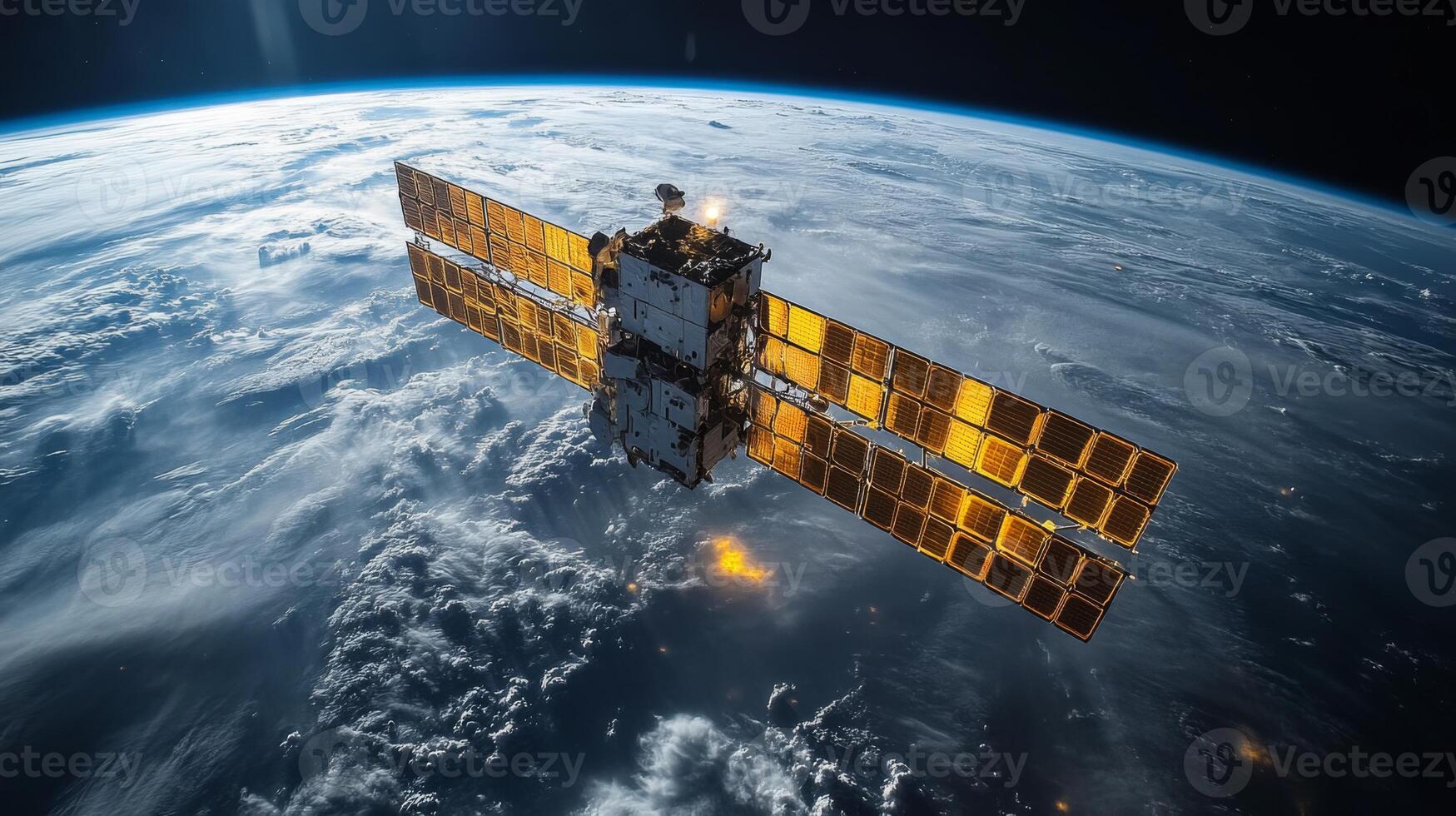 A sophisticated satellite operates in low Earth orbit, capturing cosmic radiation and transmitting telemetry data about the atmosphere while revealing the beauty of Earth below. photo