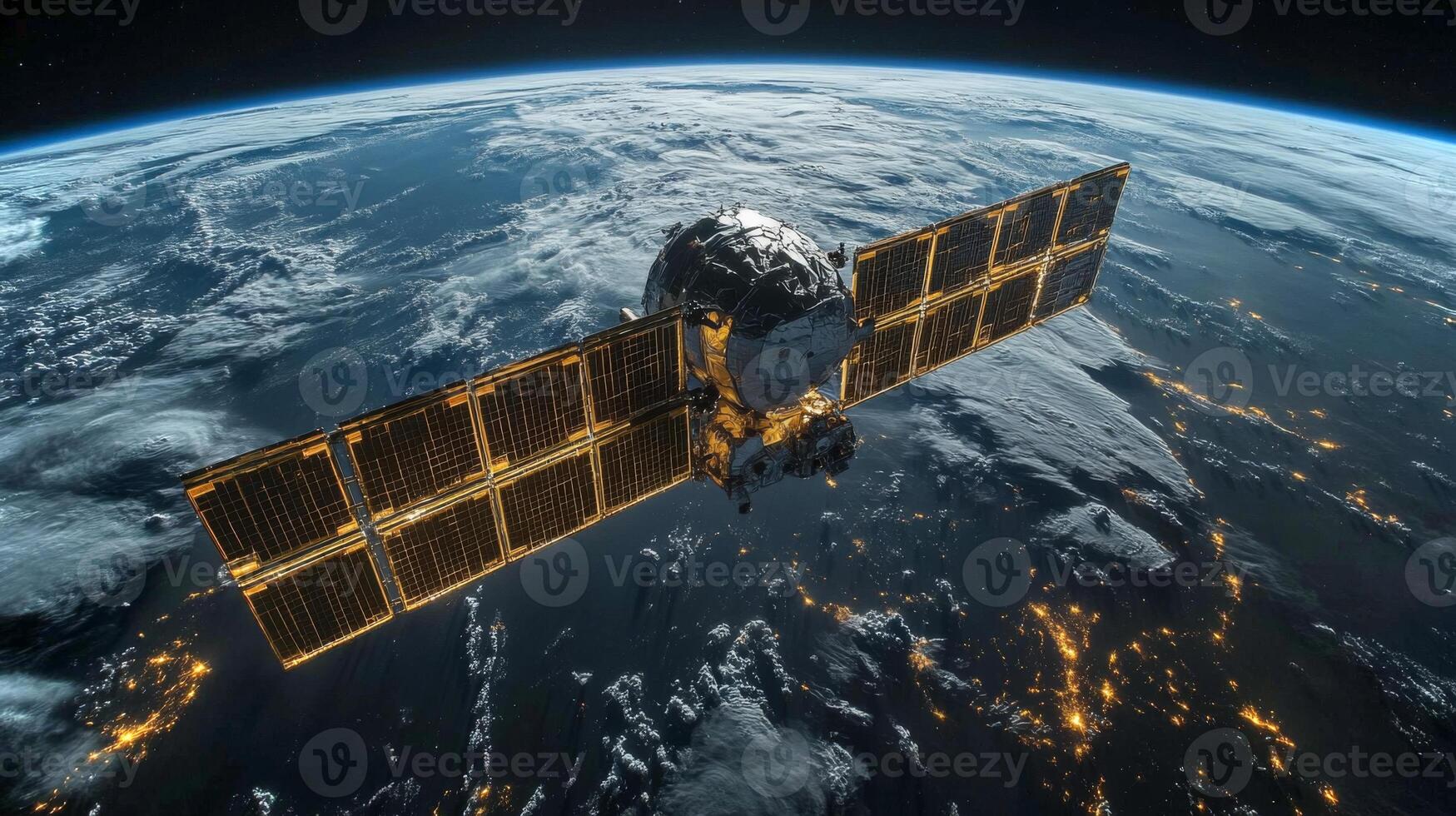 A satellite orbits Earth, transmitting data while solar panels capture sunlight. This view captures the curvature of the planet and the glow of cities below, showcasing technological advancements. photo