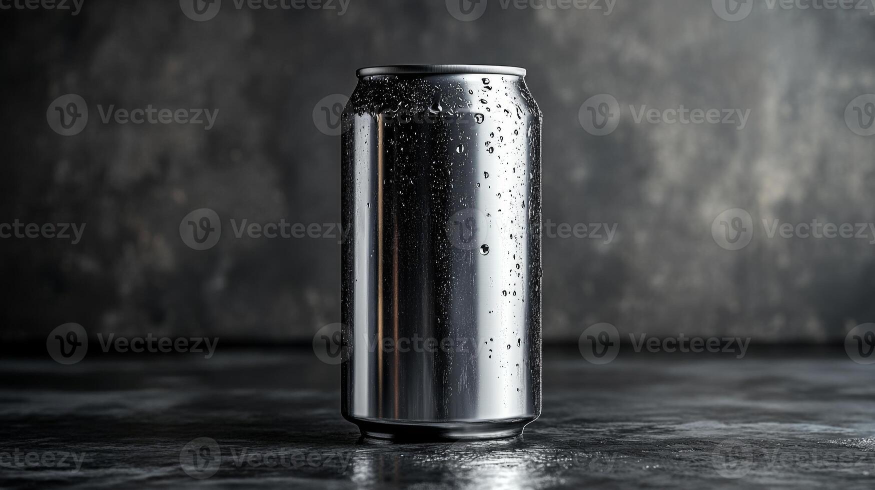 A metallic beverage can sits upright on a dark textured surface. The can is covered in condensation, indicating a chilled drink inside, with soft lighting enhancing its reflective surface. photo