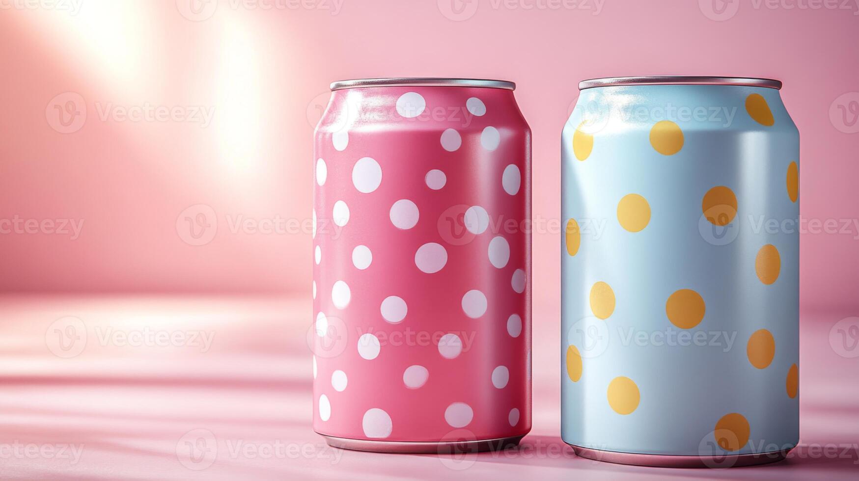 Two cans with polka dot designs rest on a smooth surface, showcasing a playful pink and blue color scheme. The cheerful backdrop adds to the vibrant feel, evoking a sense of fun. photo