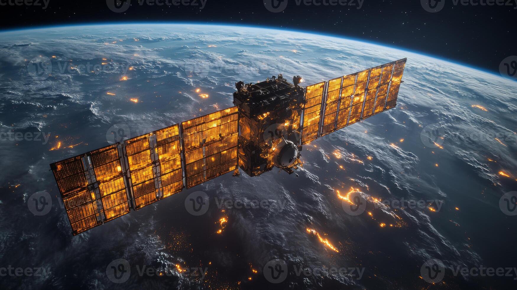 In low Earth orbit, a sophisticated spacecraft is actively transmitting telemetry data focusing on cosmic radiation and the atmosphere's properties, vital for astrophysics. photo