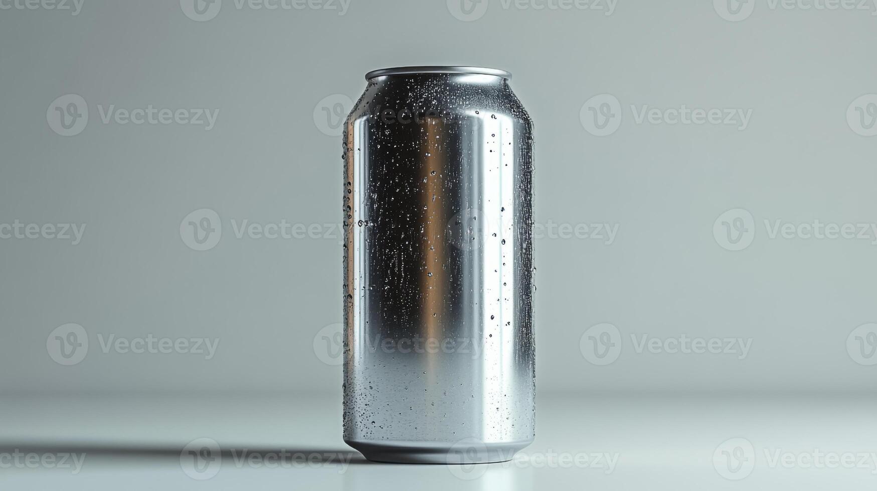A shiny silver can rests upright on a smooth surface, covered in droplets of condensation. Soft light highlights its sleek design, suggesting a refreshing beverage inside. photo