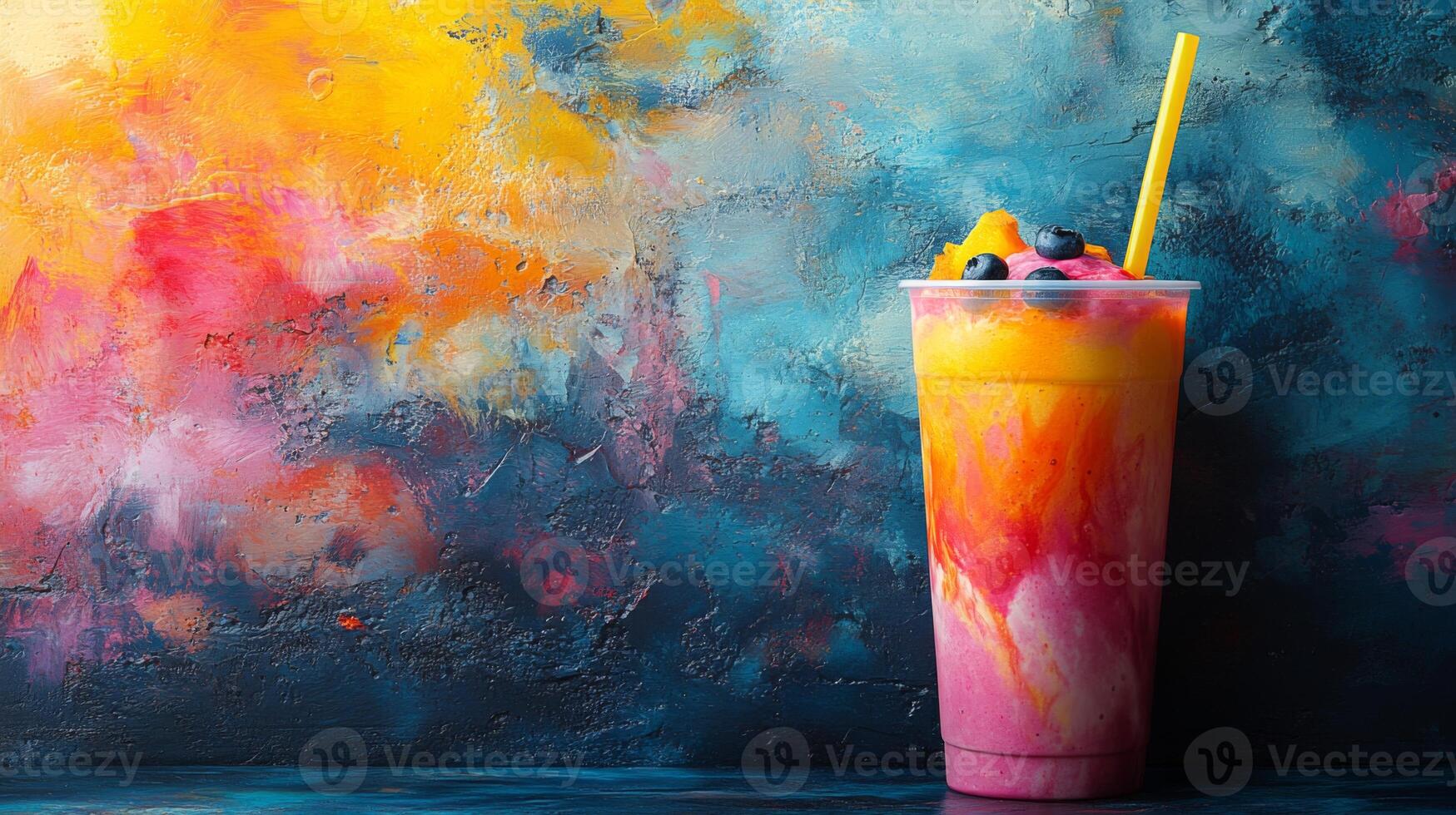 A refreshing drink featuring layers of bright colors sits in a clear cup with a yellow straw. The backdrop is an artistic blend of vibrant hues, enhancing the drink's appeal. photo