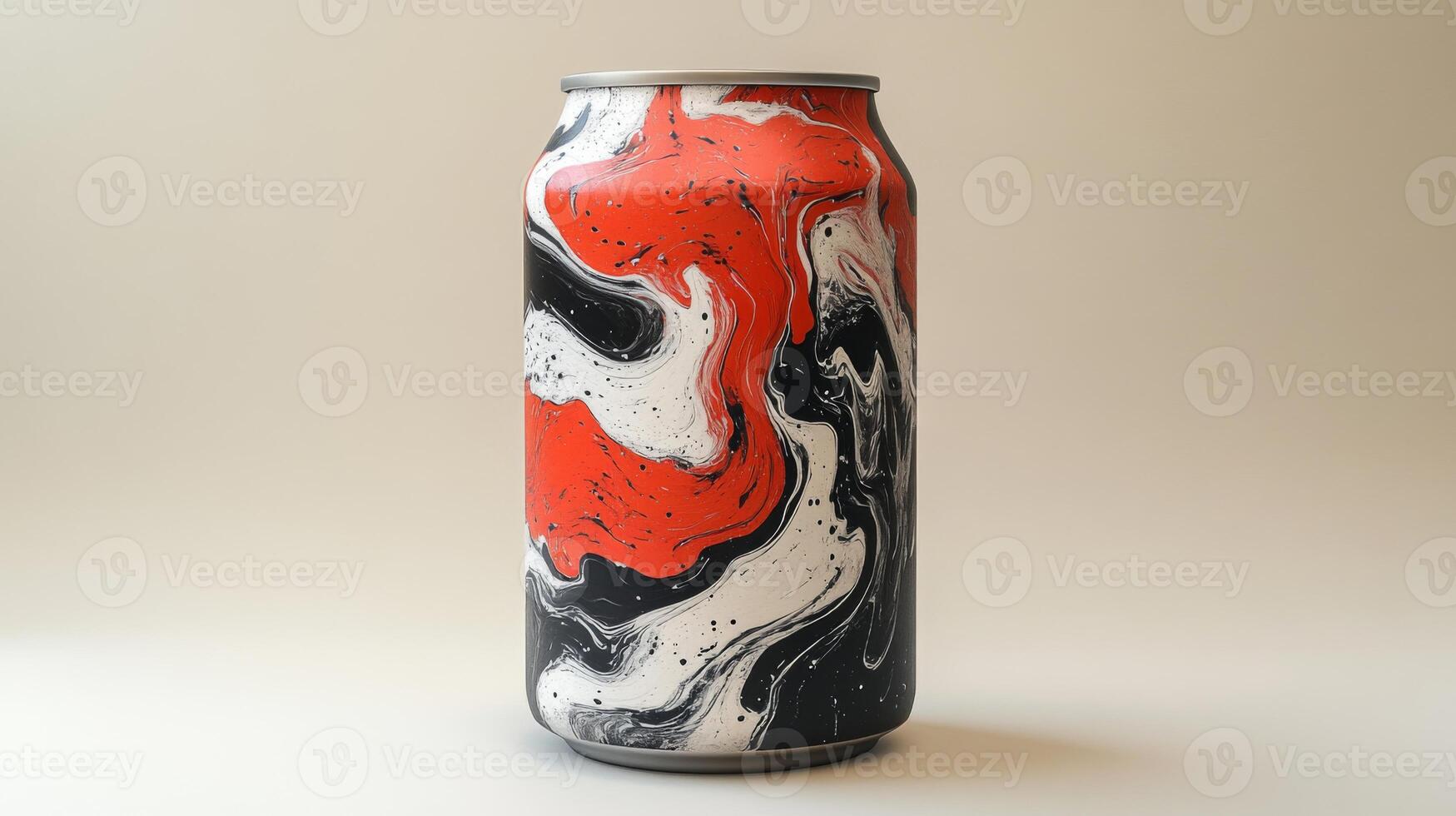 A distinctive aluminum can displays an eye-catching design with swirling patterns of red, black, and white. It stands upright against a light background, highlighting its creative artwork. photo