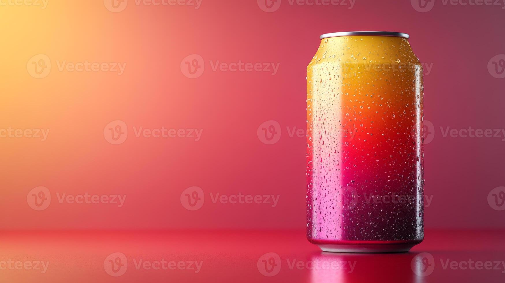 A beverage can displays a gradient of colors, reflecting light and moisture, resting on a smooth surface. The background glows with warm tones of orange and pink, suggesting a serene evening. photo