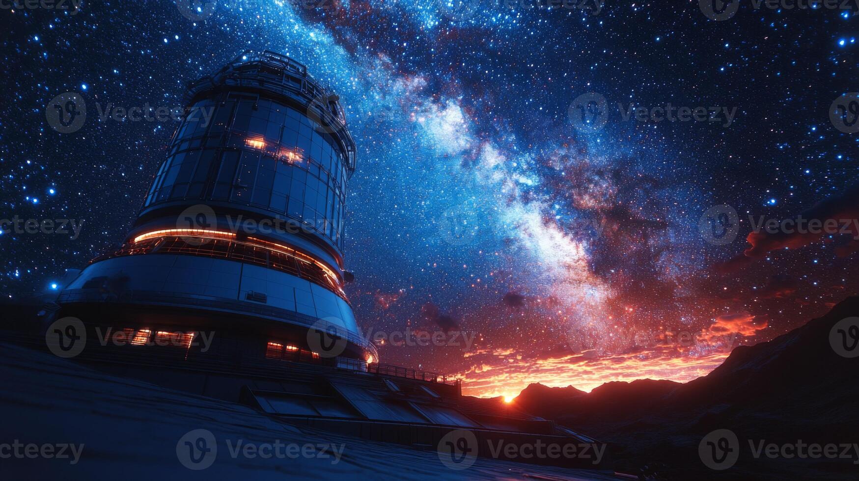 An advanced satellite telescope stands tall under a star-filled sky, capturing telemetry and transmission data of cosmic radiation and astrological wonders at twilight. photo