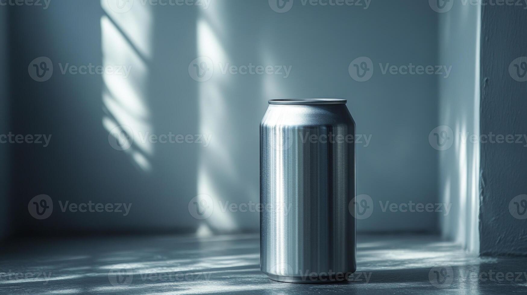 A metallic can stands on a smooth surface, its polished surface reflecting light in an aesthetically pleasing manner. Sunlight streams through a nearby window, creating shadow patterns. photo