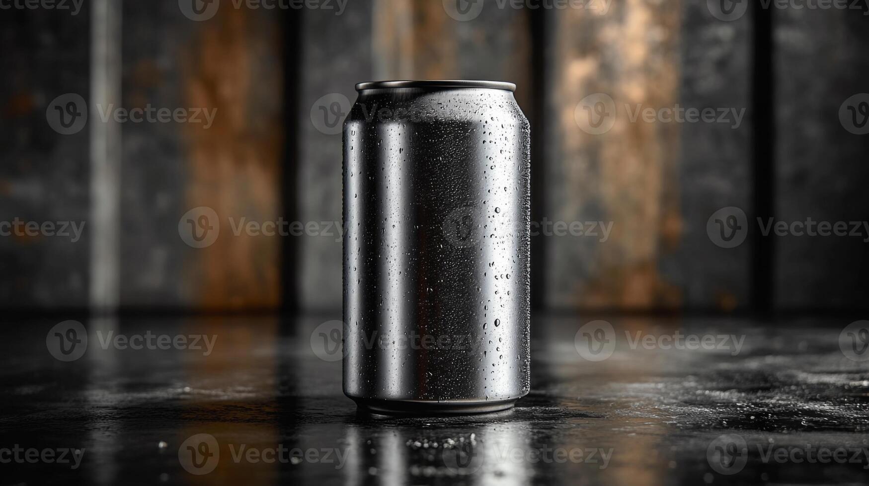 A metallic can stands upright on a wet, reflective surface, showcasing condensation droplets. The background features textured wood, creating a rustic atmosphere. photo