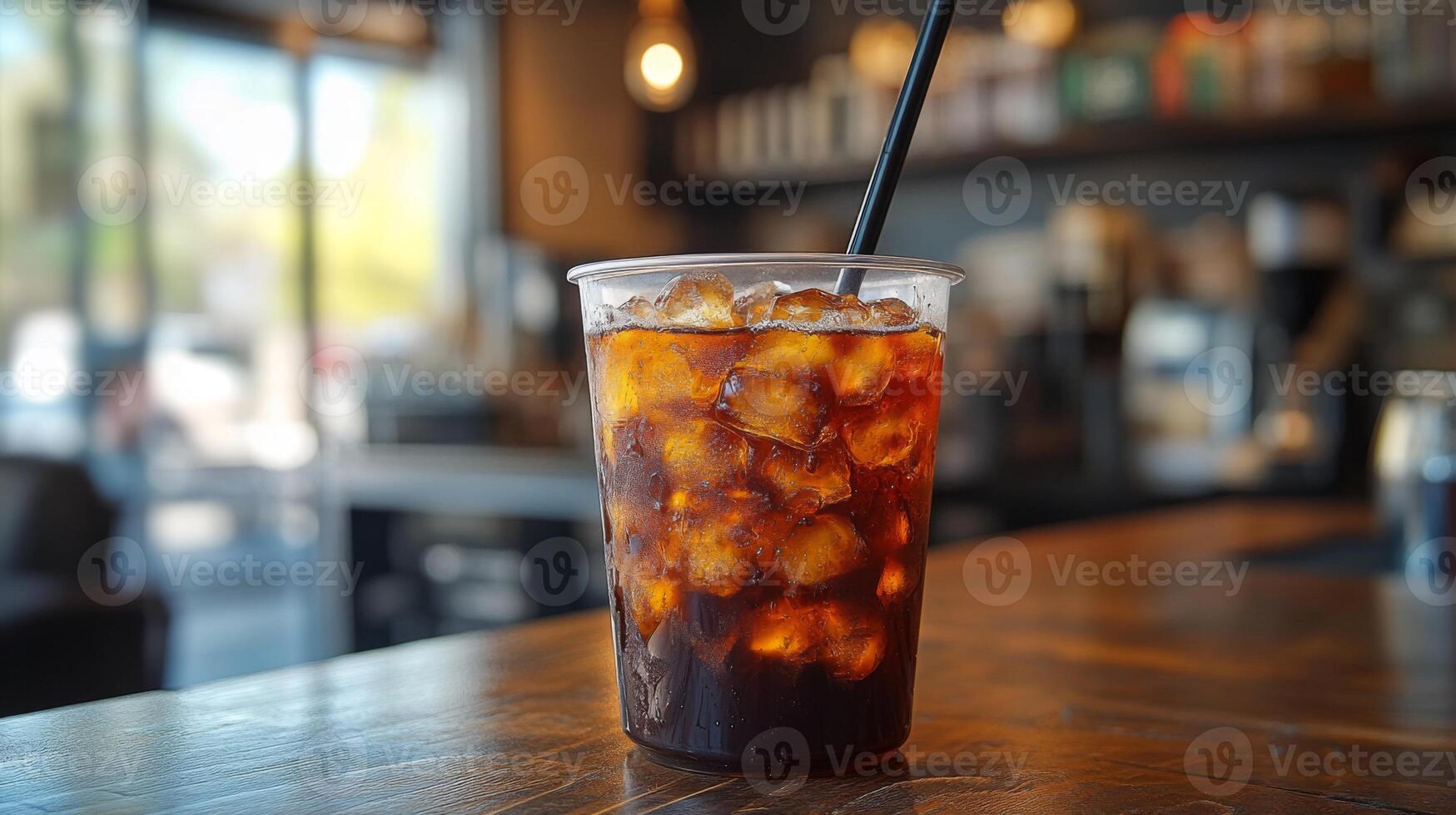A clear cup filled with iced coffee sits on a wooden table in a modern cafe. The setting features warm lighting and comfortable seating, inviting customers to relax. photo