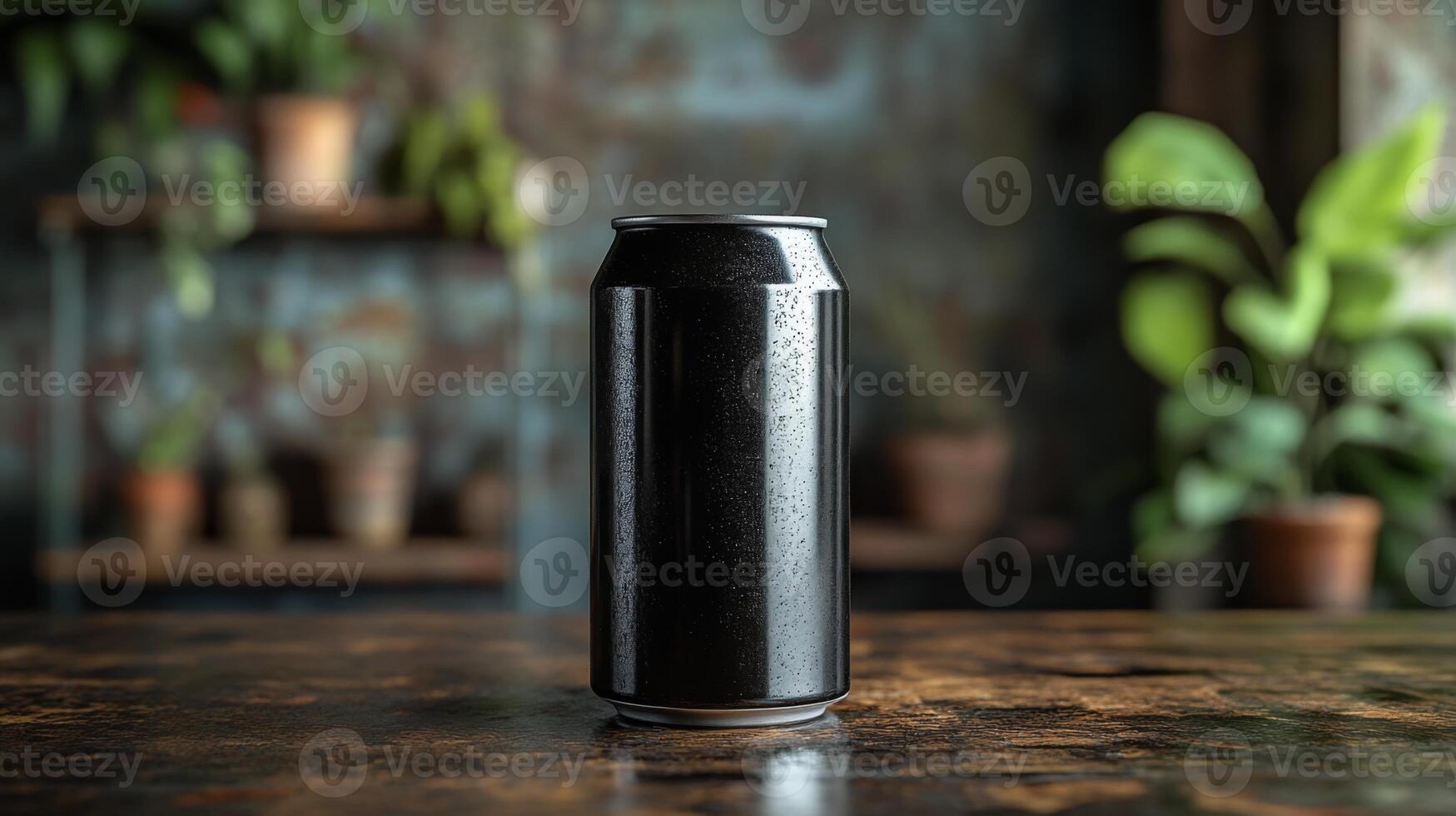 A sleek black soda can stands prominently on a weathered wooden table. The background features lush indoor plants, creating a relaxed and inviting atmosphere. photo