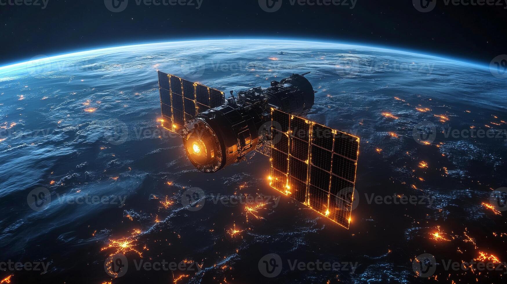 A sophisticated satellite orbits Earth, equipped with solar panels, transmitting important telemetry and gathering data on cosmic radiation while observing the planet's atmosphere. photo