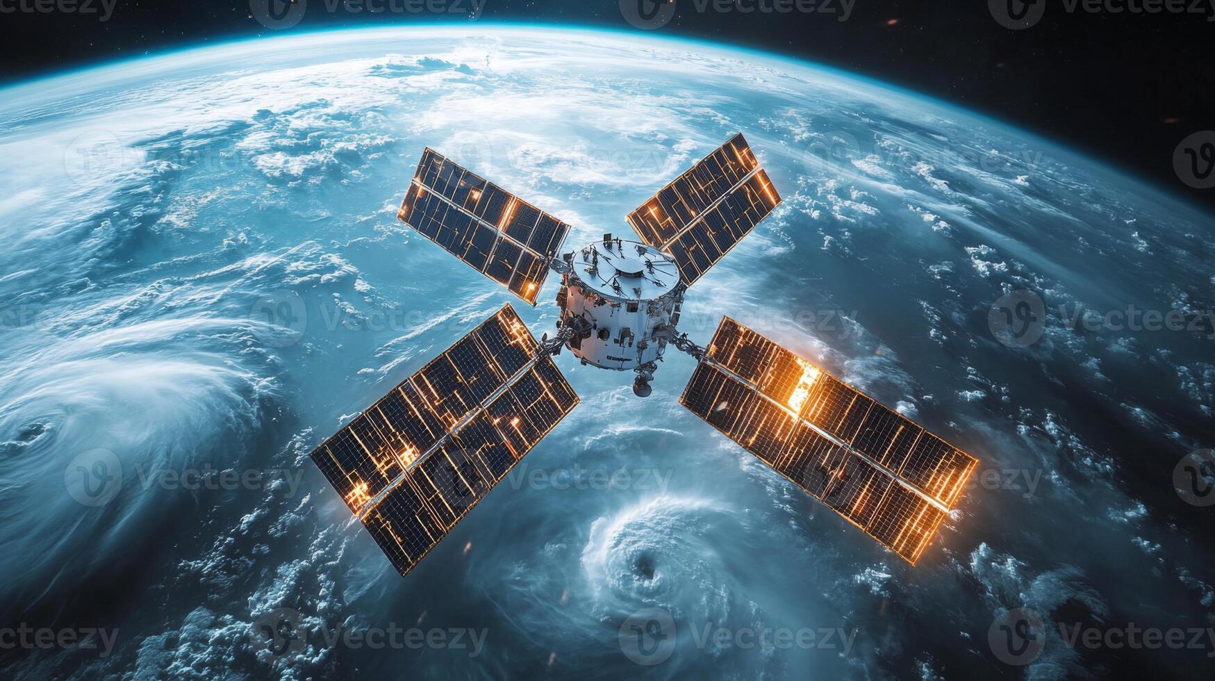 A satellite orbits Earth, capturing vital telemetry about cosmic radiation and atmospheric phenomena. Two hurricanes swirl below, showcasing the planet's dynamic weather patterns. photo