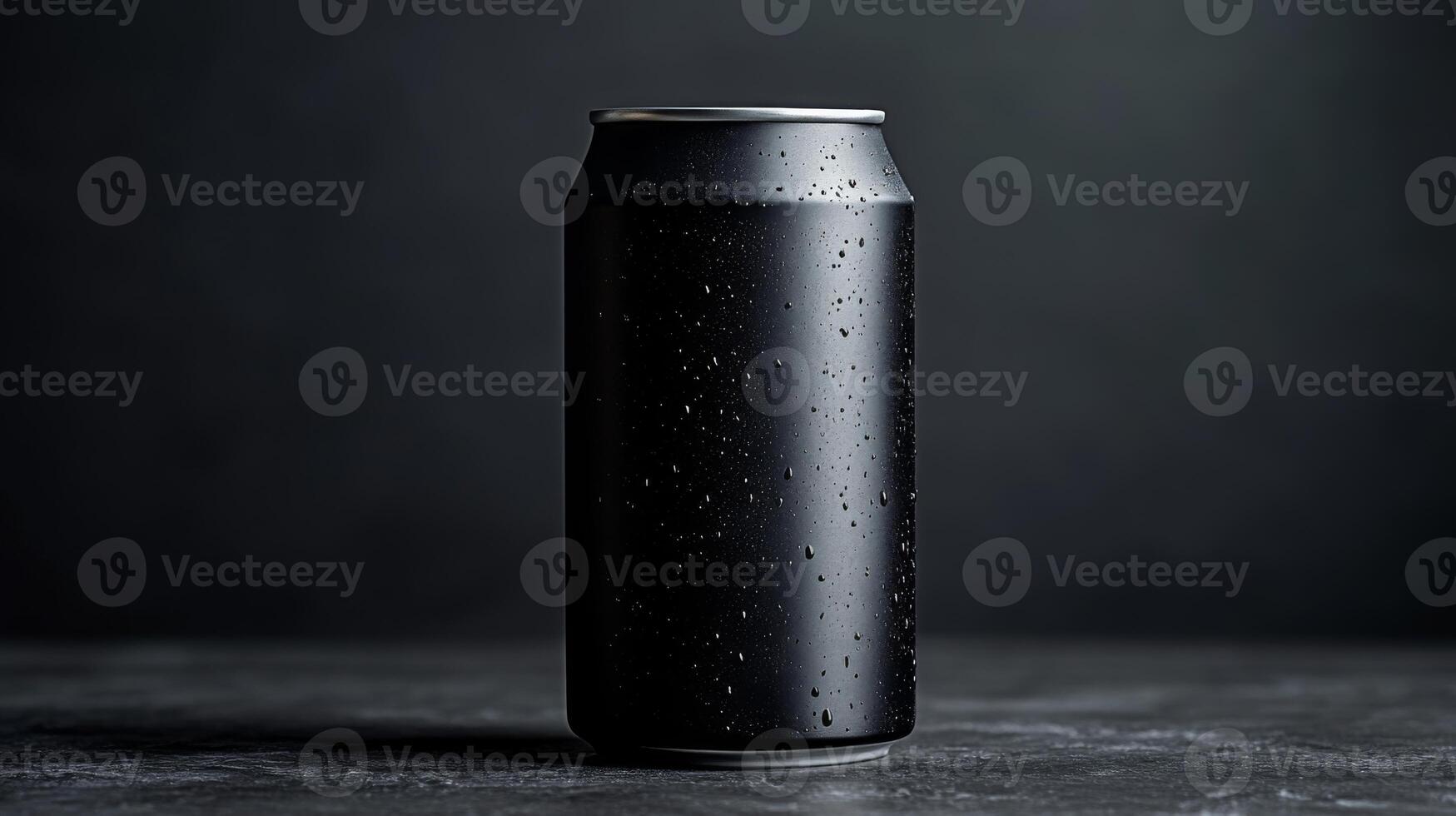 A sleek black can sits alone on a dark textured surface, glistening with water droplets. The low light creates an elegant and moody atmosphere, enhancing the can's appearance. photo
