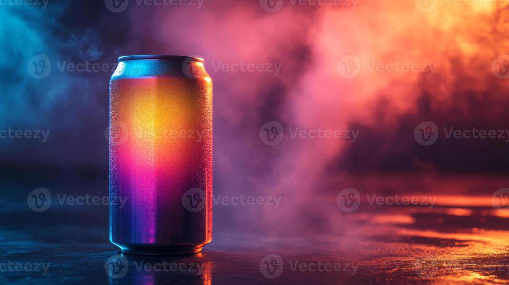 A cold can sits on a reflective surface, showcasing vibrant colors under dynamic lighting. Mist surrounds it, enhancing the atmosphere of a lively evening setting. photo
