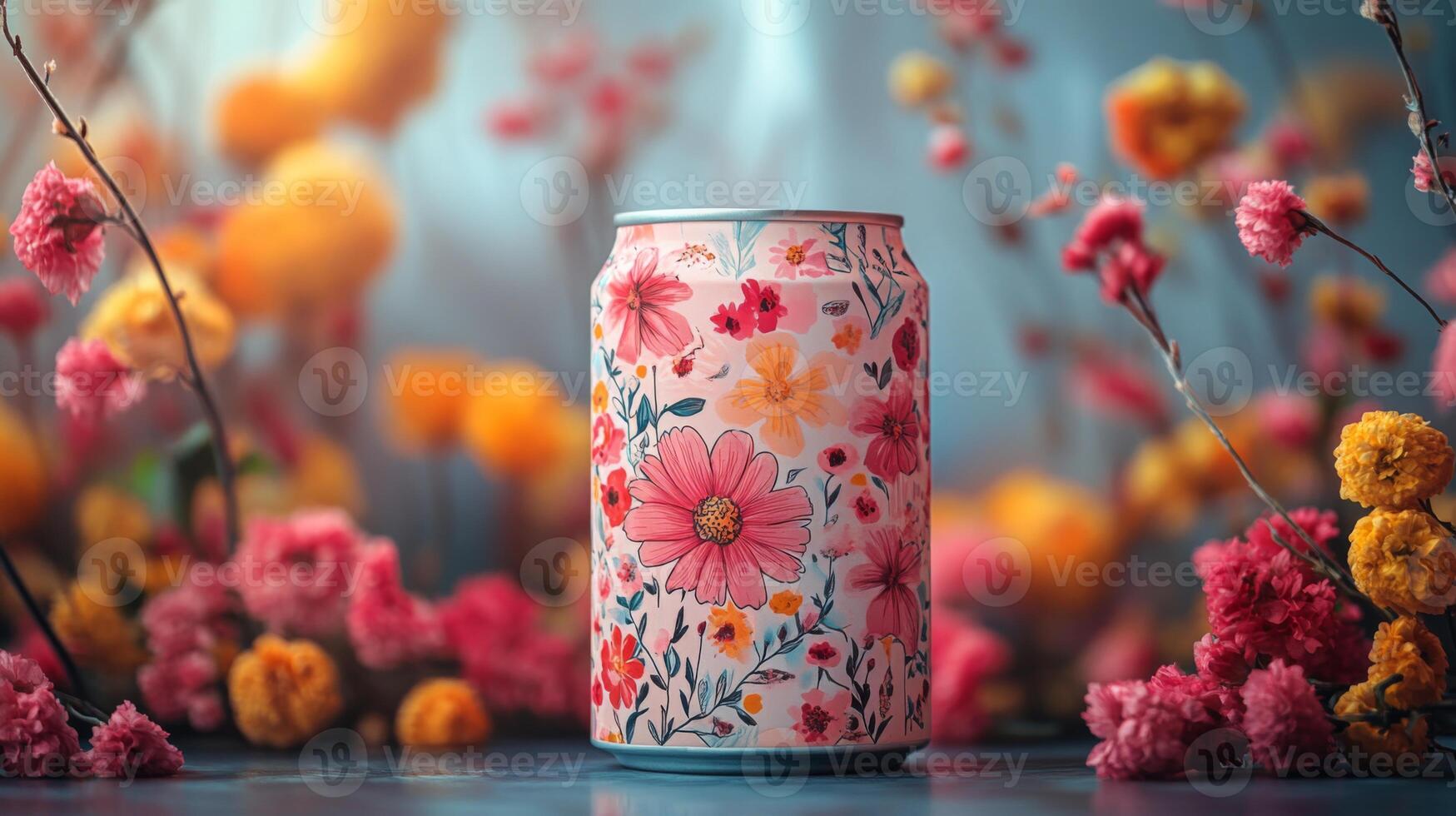 A decorated soda can stands proudly among a variety of colorful flowers, showcasing a blend of artistic design and nature, illuminated by soft afternoon lighting. photo