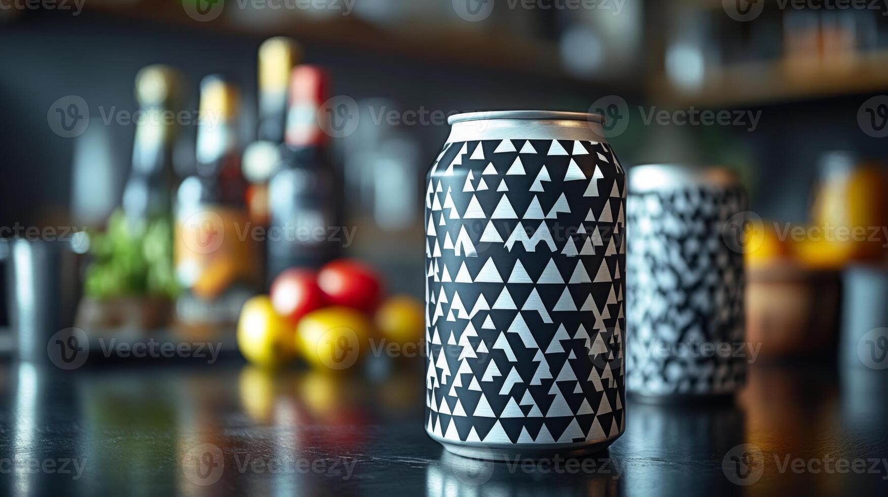 A stylish beverage can features a black and white geometric pattern, set against a dark table. Assorted colorful fruits and drinks create a vibrant atmosphere. photo