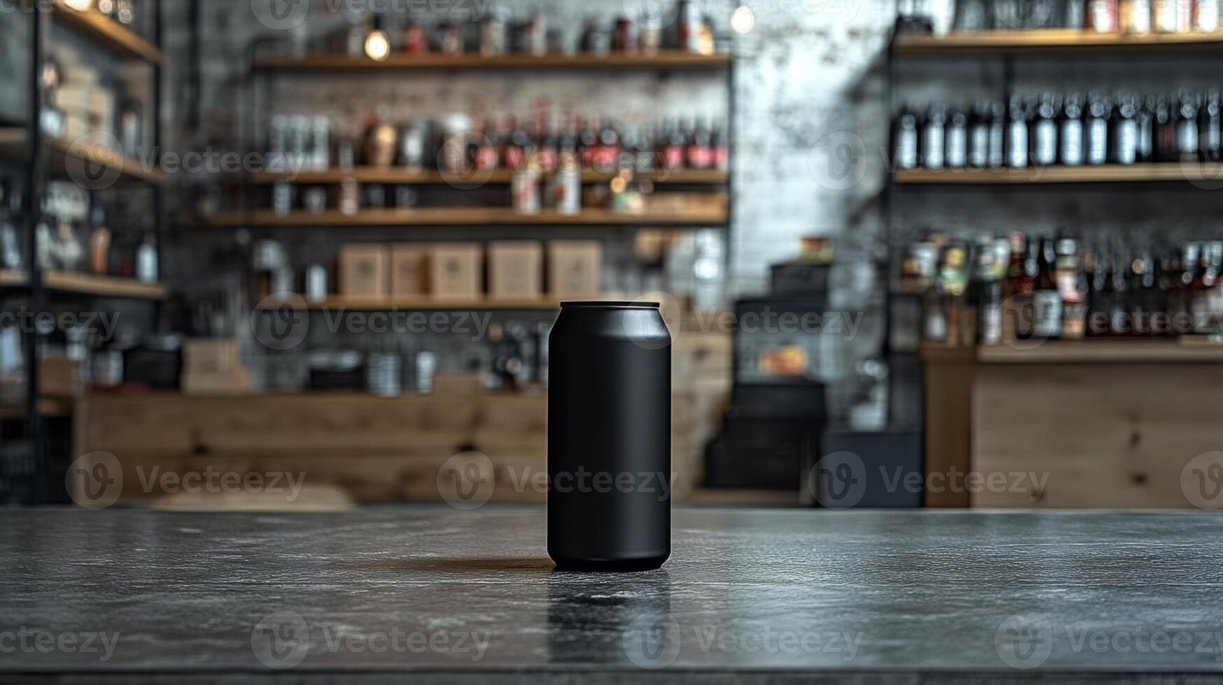 A black can is centrally placed on a rustic table, surrounded by a modern bar atmosphere filled with shelves of assorted drinks and bottles, creating an inviting setting. photo