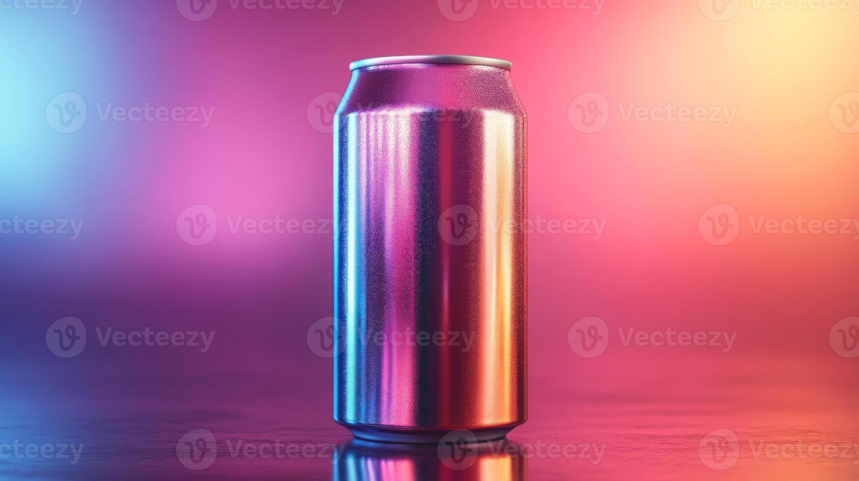 A metallic beverage can stands upright on a reflective surface, illuminated by colorful lighting in the background, creating a striking visual effect that emphasizes its design. photo