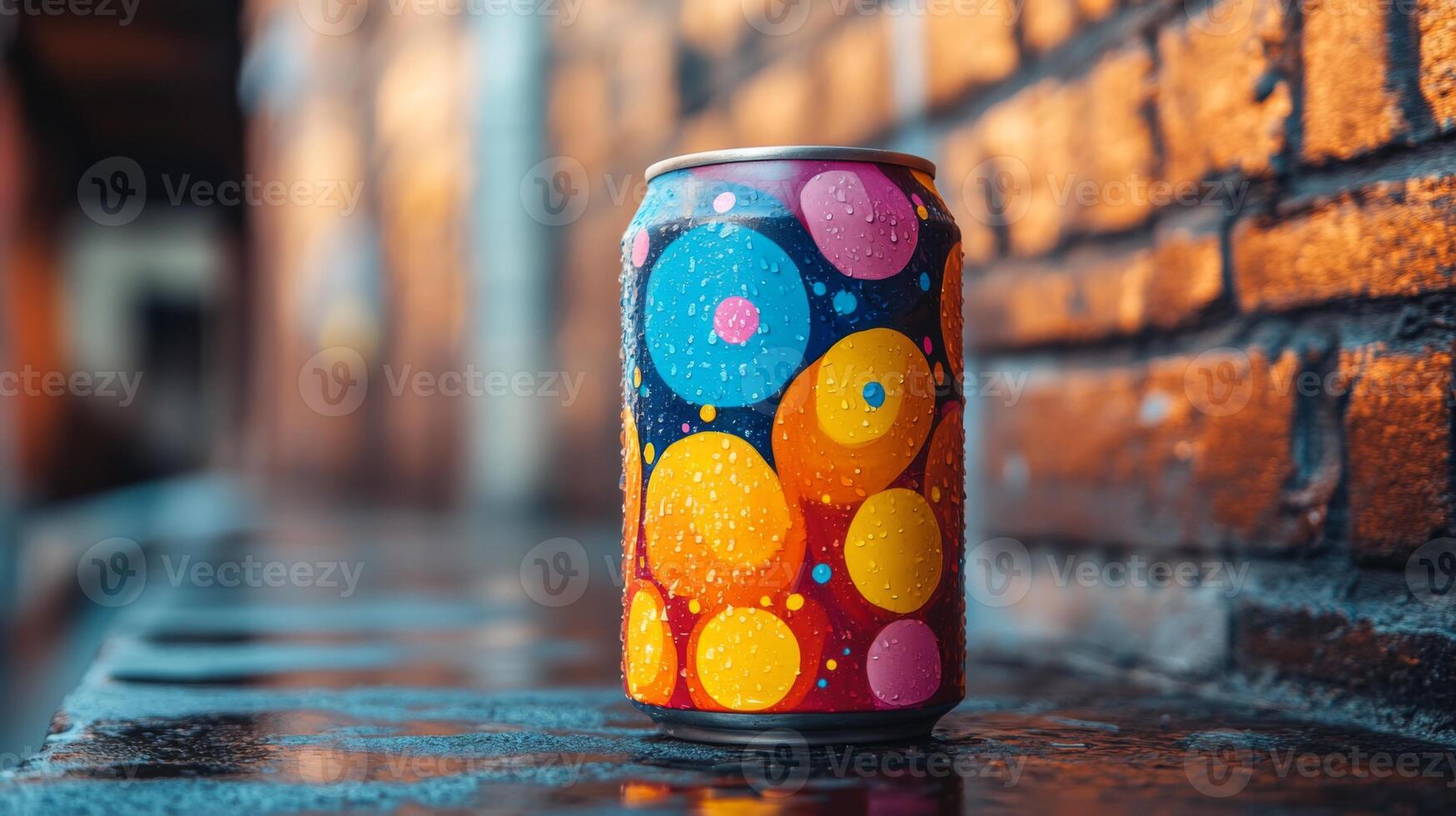 A vibrant soda can with an artistic design, showcasing bright circles sits on a rain-soaked surface next to a textured brick wall in an urban area during the day. photo
