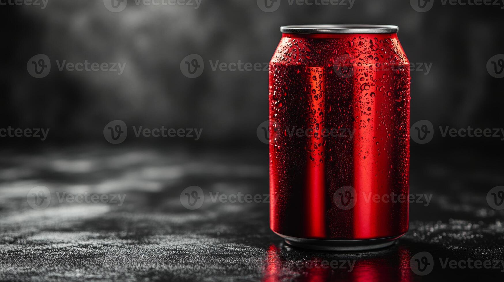 A cool red can of sparkling drink sits on a slick surface, glistening with condensation. The droplets enhance its refreshing appearance, inviting curiosity and thirst. photo