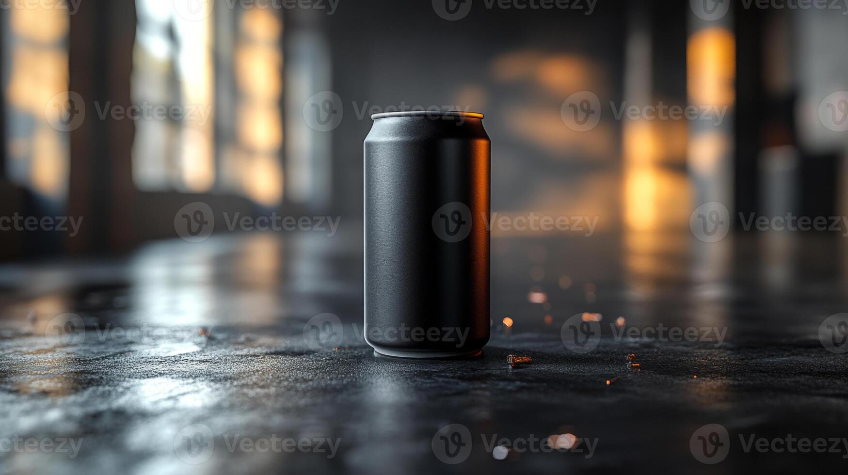 A black beverage can stands upright on a shiny surface. Warm golden light filters through large windows, creating a cozy atmosphere in the spacious room. photo