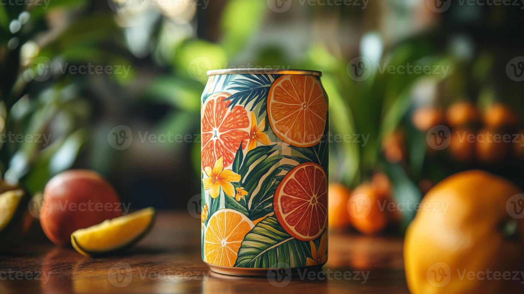A colorful can adorned with citrus fruit designs stands on a wooden table amidst fresh oranges, lemons, and limes, highlighting a vibrant and tropical atmosphere. photo