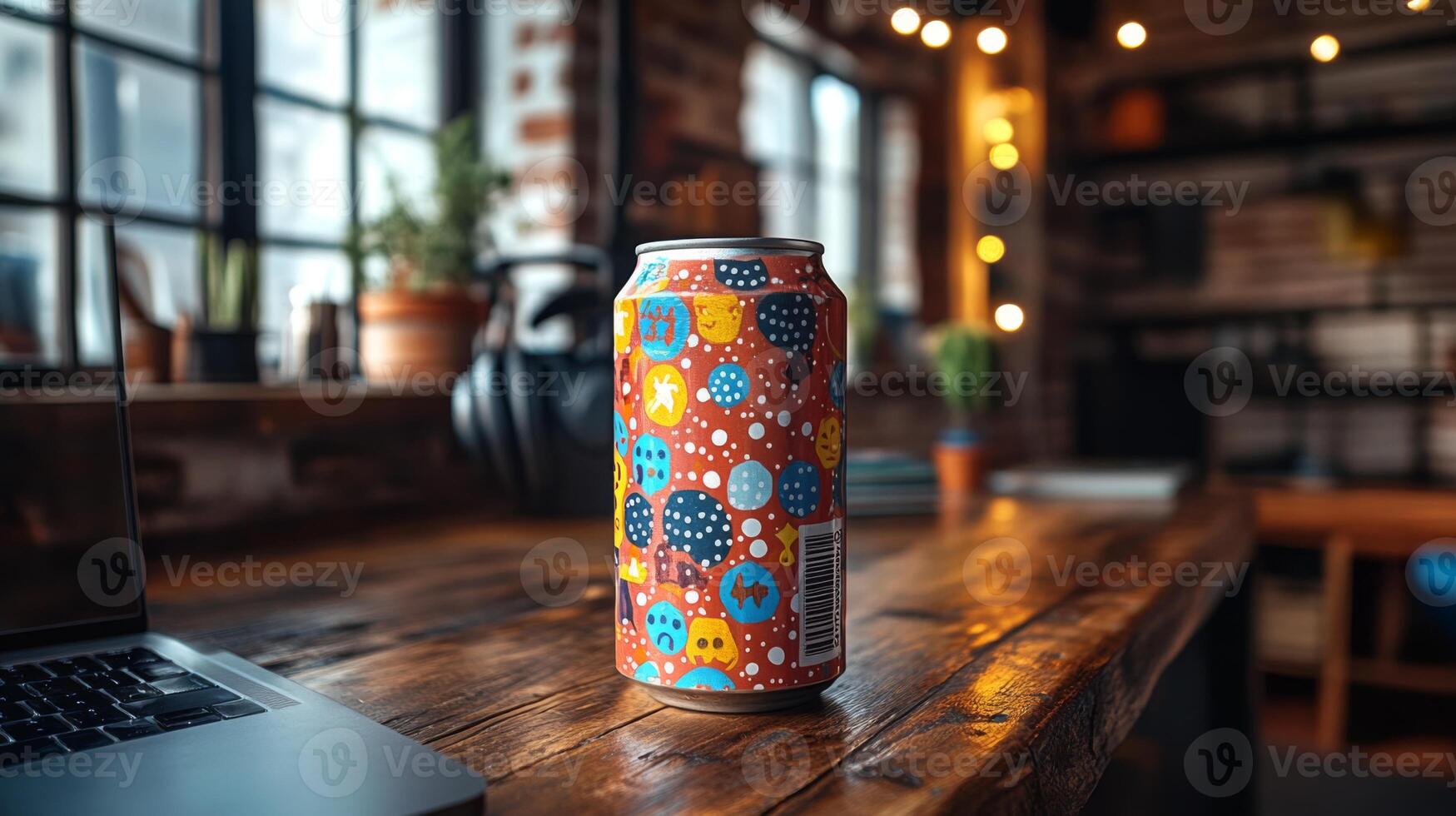 A vibrant, patterned beverage can is set on a rustic wooden table next to a laptop in a cozy cafe. Soft lights create a welcoming atmosphere, perfect for relaxation or focus. photo