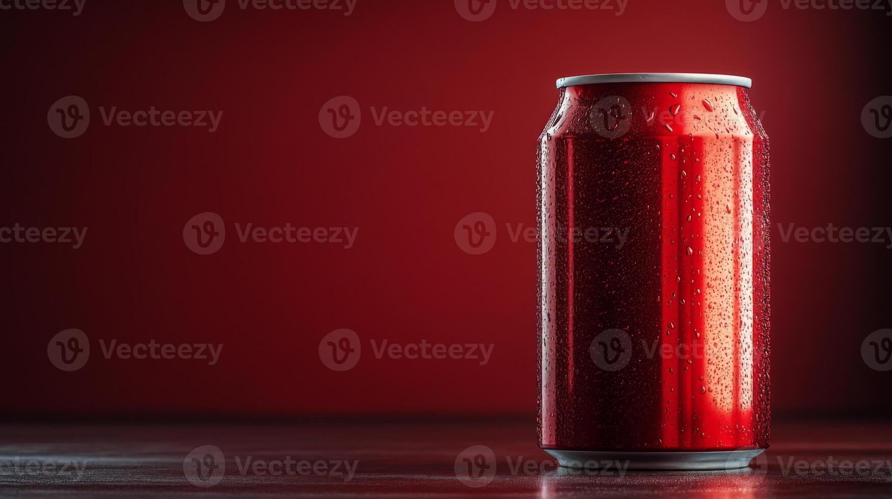 A red aluminum can sits on a sleek surface, glistening with moisture from condensation. Ambient light creates a warm atmosphere, perfect for a refreshing drink. photo
