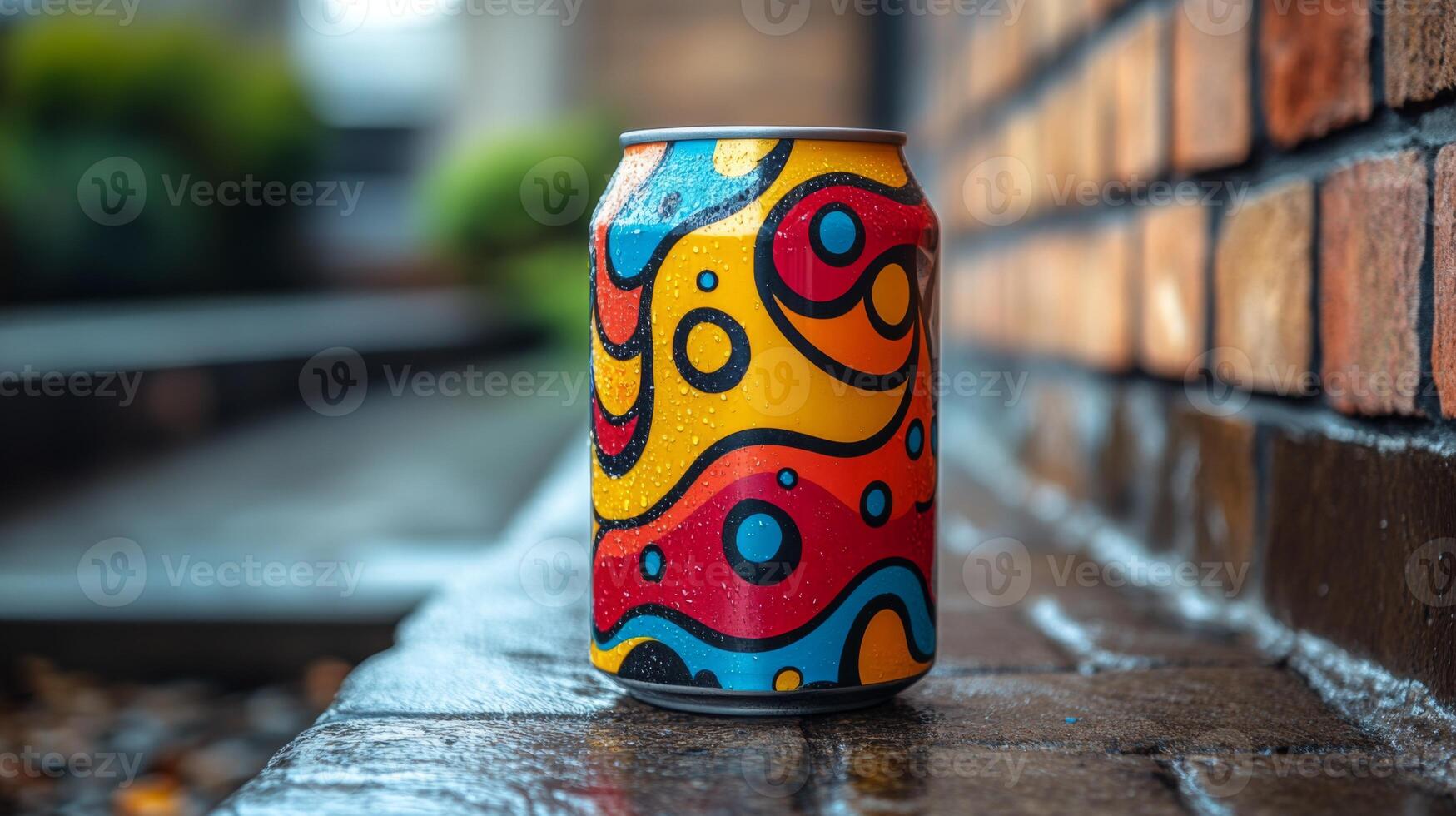 A vibrant beverage can is placed on a wet stone surface, adorned with swirling patterns. Lush greenery is visible in the background, hinting at an urban environment. photo