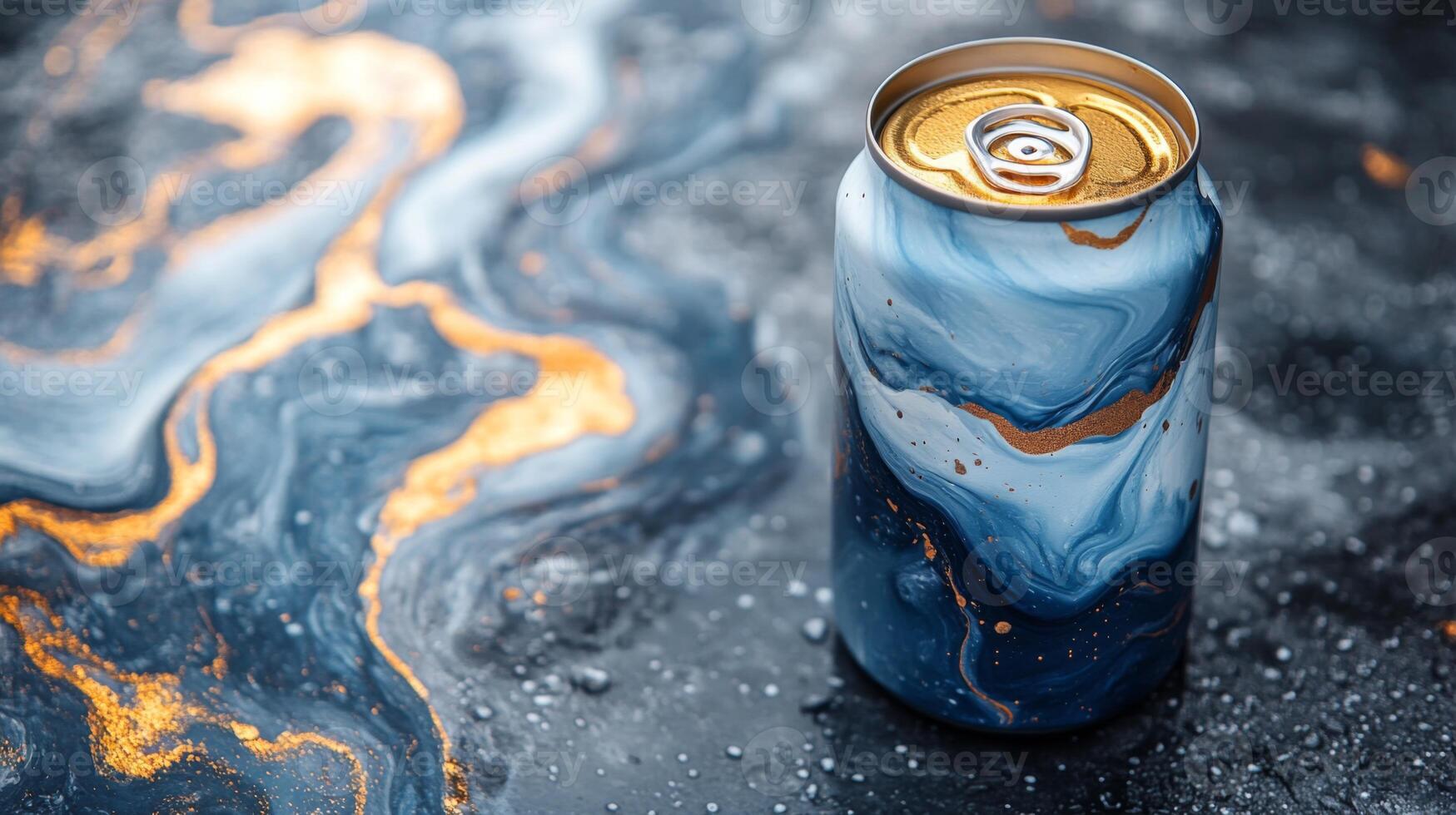 A can with a beautiful blue and gold marbled design sits on a dark, textured surface that features intricate swirls and droplets, creating an artistic effect. photo