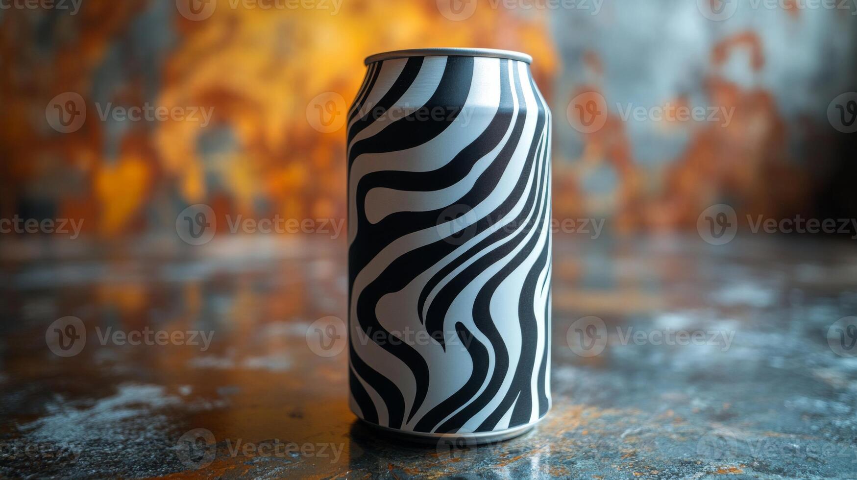 A stylish can features a captivating black and white striped design, sitting on a textured surface that showcases creativity and modern aesthetics in an artistic studio. photo