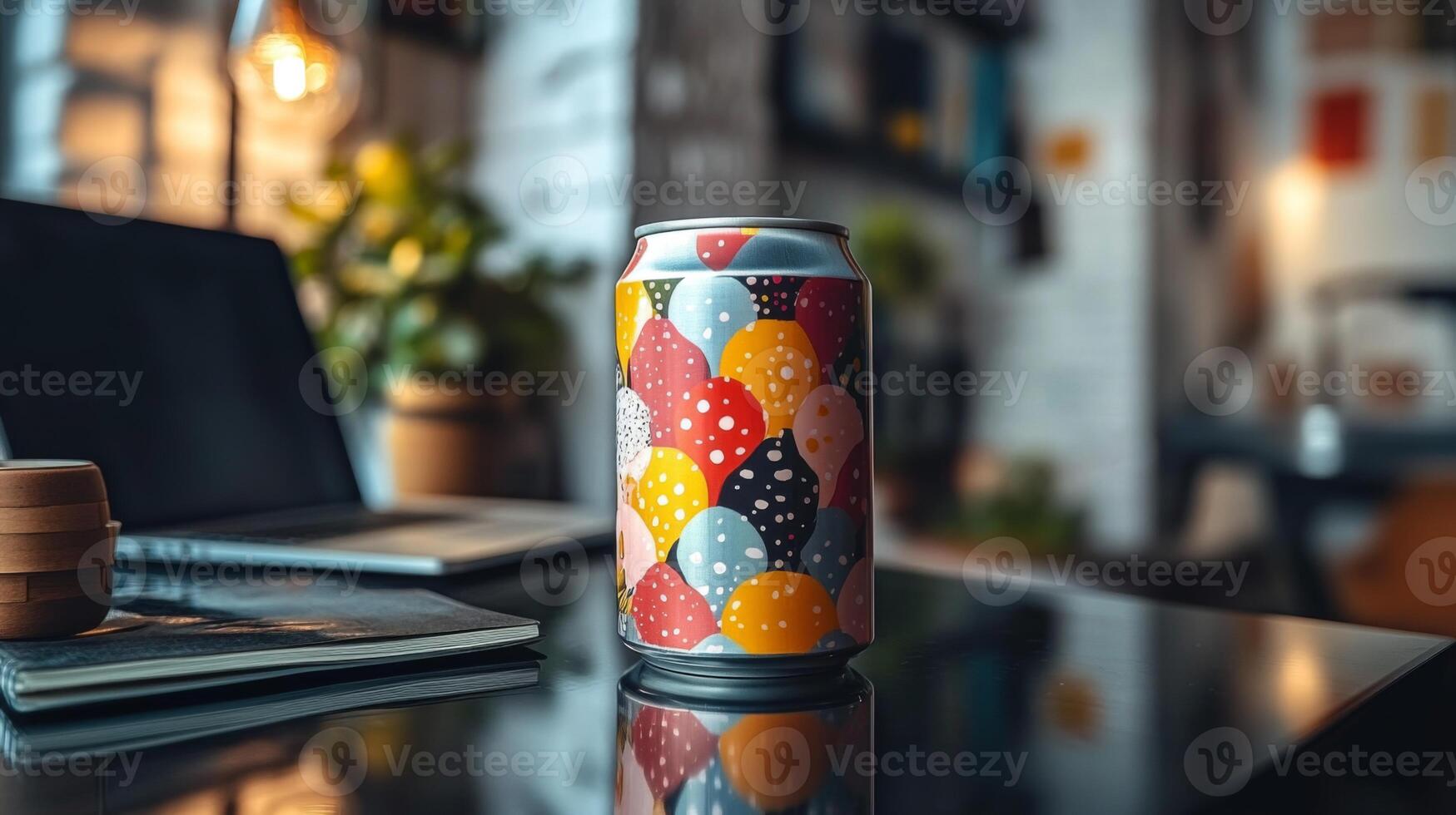A vibrant can with polka dot design is placed on a sleek desk near a laptop and decorative plants, showcasing a cozy indoor atmosphere during twilight. photo