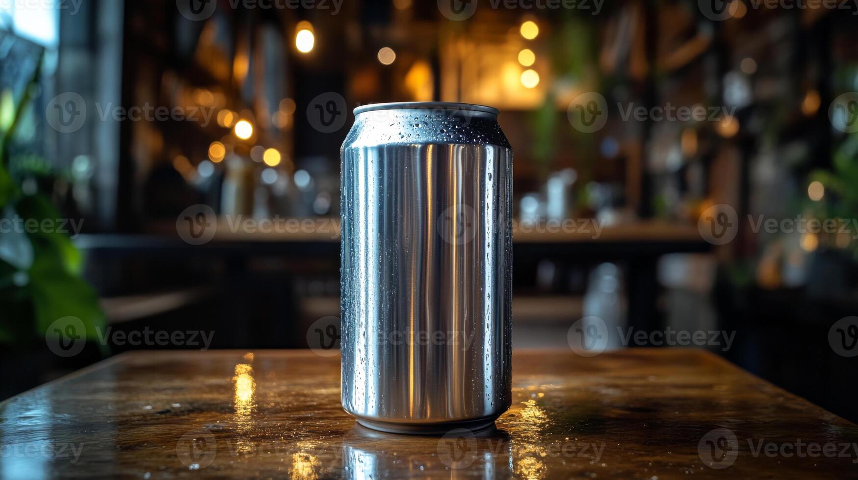A metallic beverage can sits prominently on a wooden table, glistening with condensation. The background features a cozy cafe atmosphere with warm lighting. photo