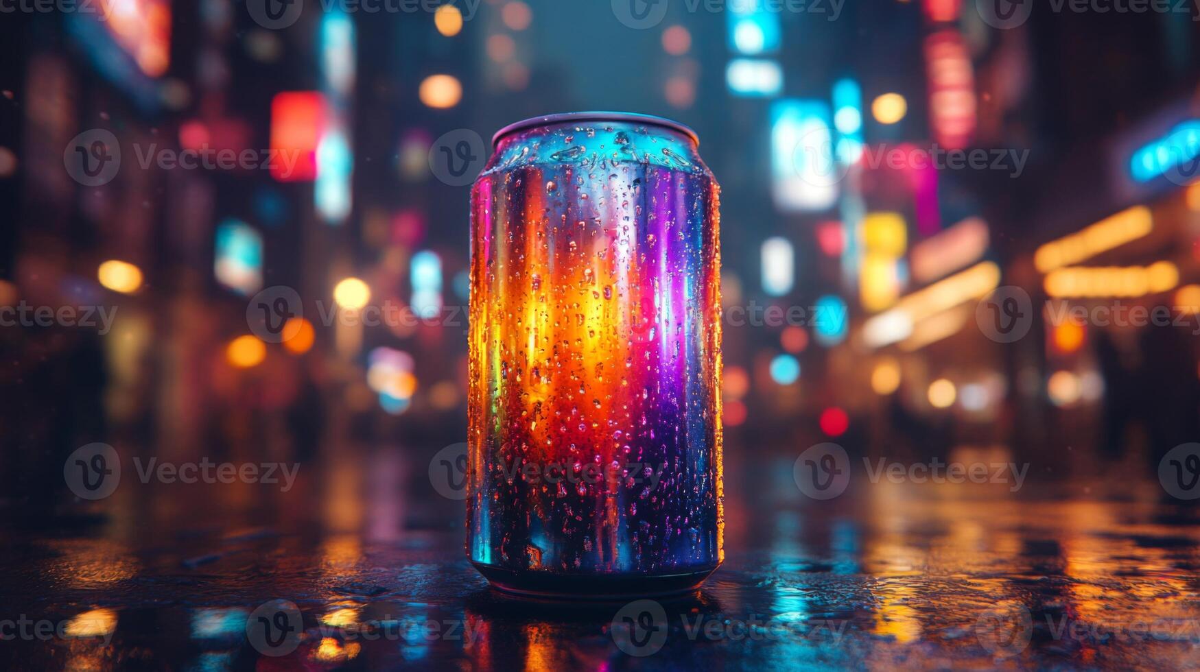 A vibrant soda can stands on a wet pavement reflecting colorful neon lights from surrounding buildings in a bustling city at night. Raindrops adorn its surface, enhancing the vivid hues. photo