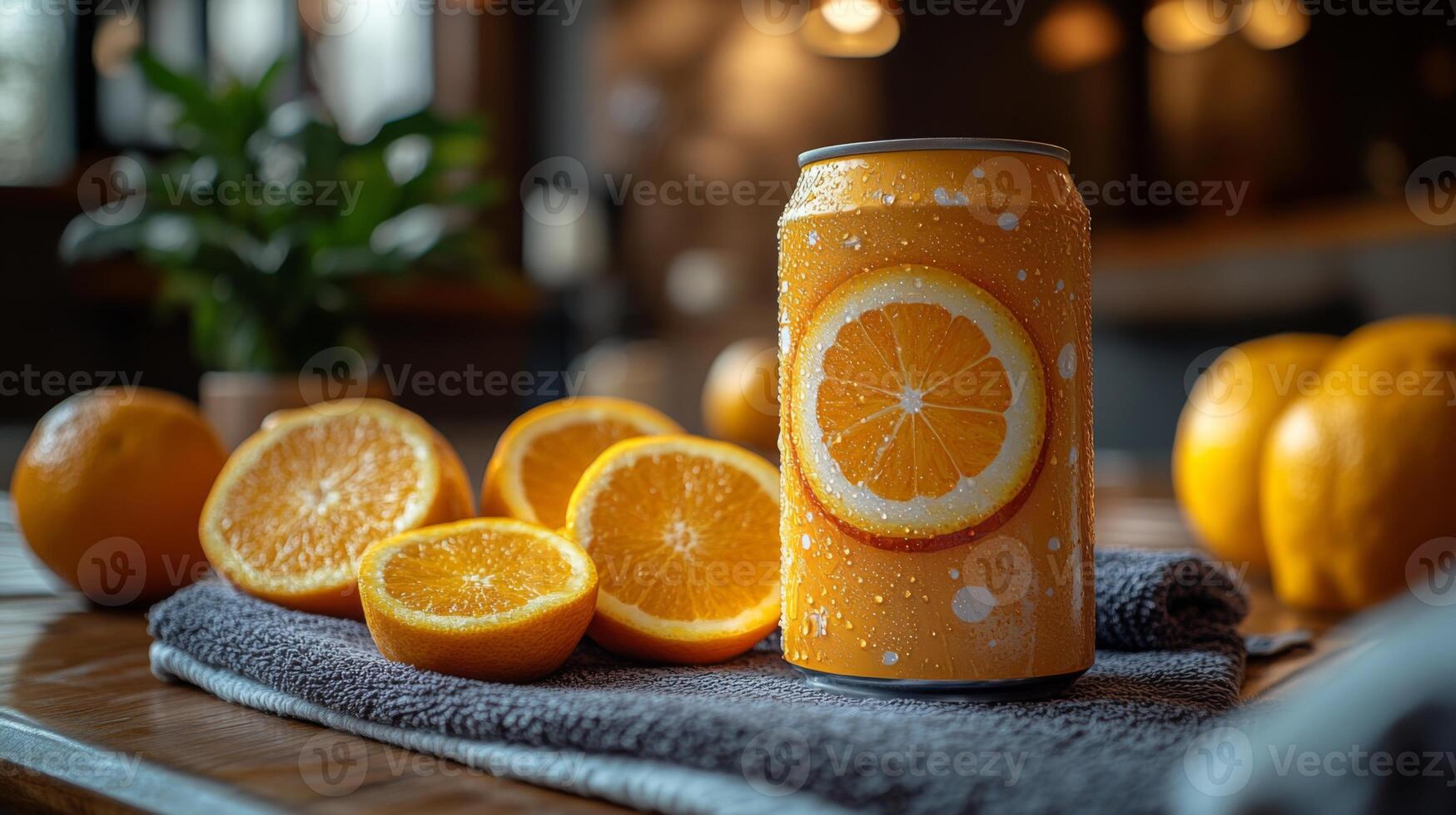 A vibrant can of orange drink sits on a textured towel alongside fresh orange halves and whole oranges. The setting is warm and inviting, perfect for enjoying a refreshing sip. photo