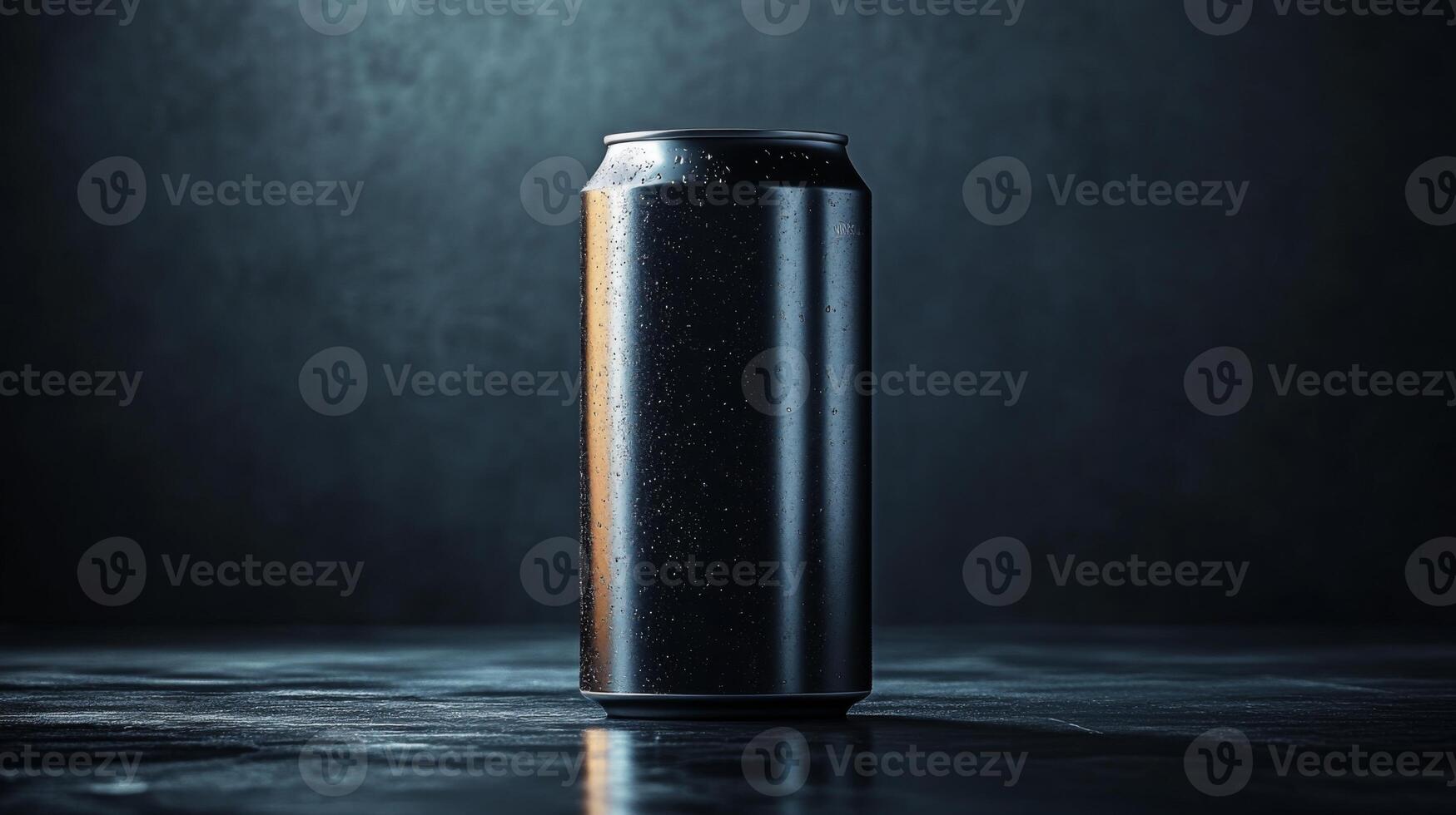 A sleek metallic beverage can stands upright on a textured surface, illuminated softly in a dim setting that creates a dramatic atmosphere. photo