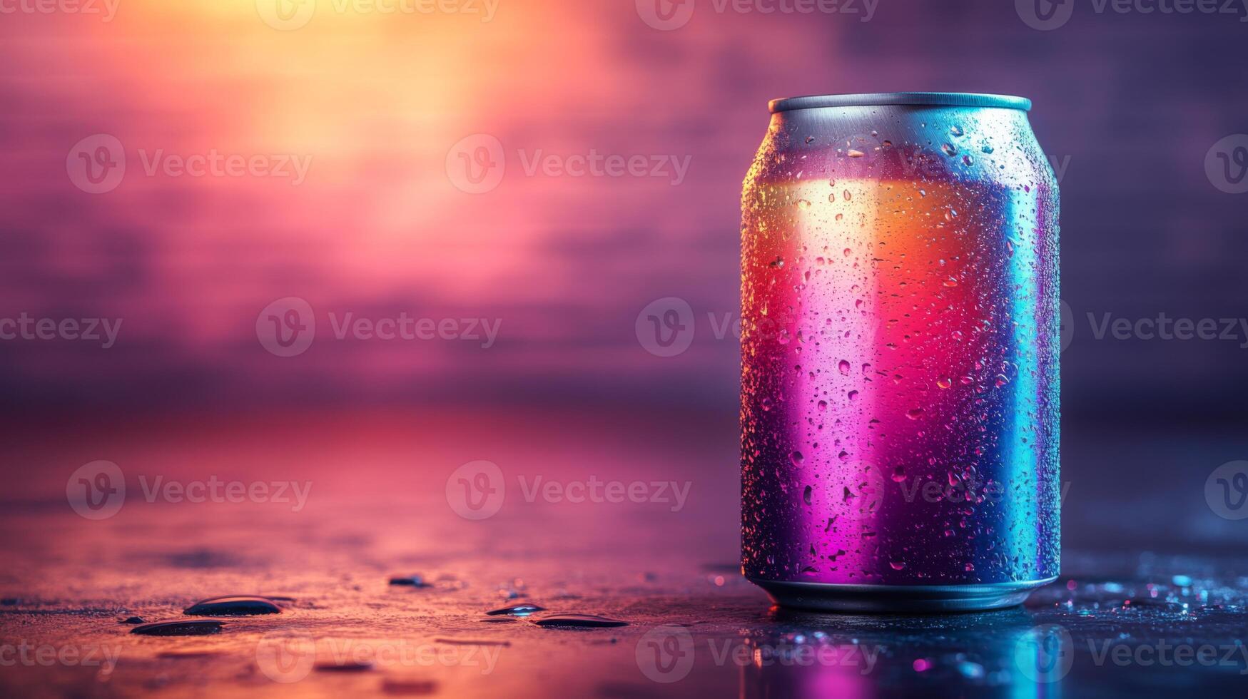 A colorful can sits on a wet surface, showcasing vibrant hues under captivating lighting during the evening. Water droplets add a refreshing touch. photo