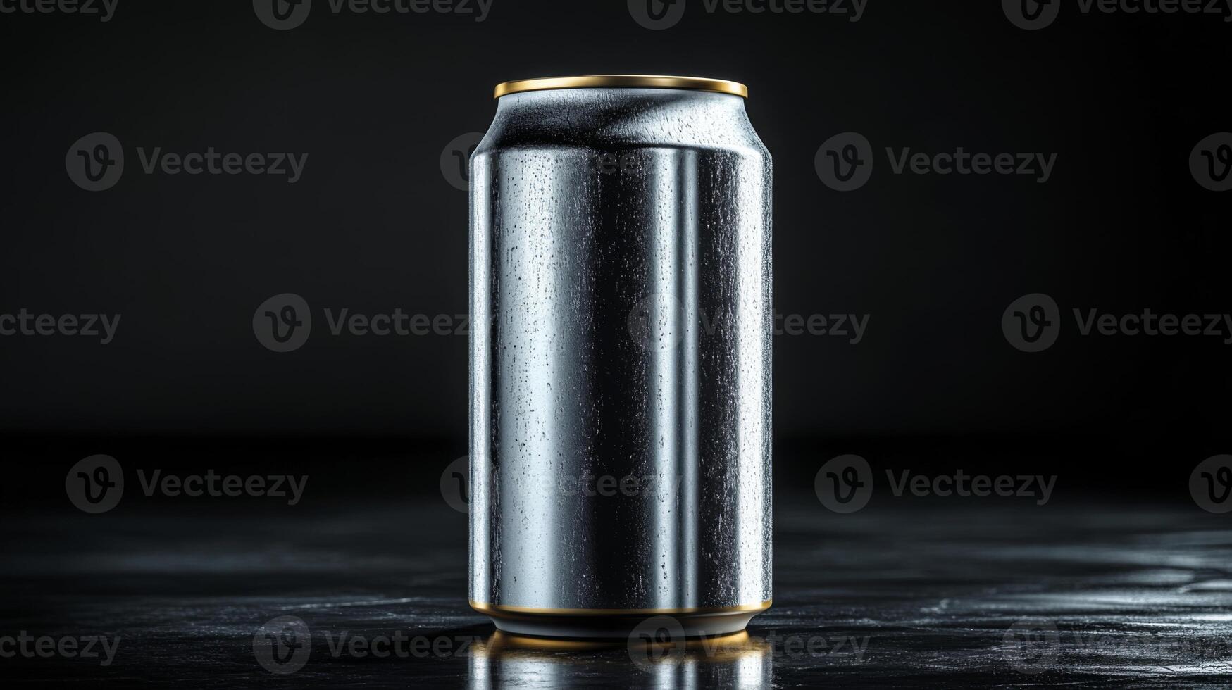 A shiny aluminum can stands on a dark surface, adorned with water droplets that emphasize its reflective surface. The scene highlights the can's modern design in low lighting. photo